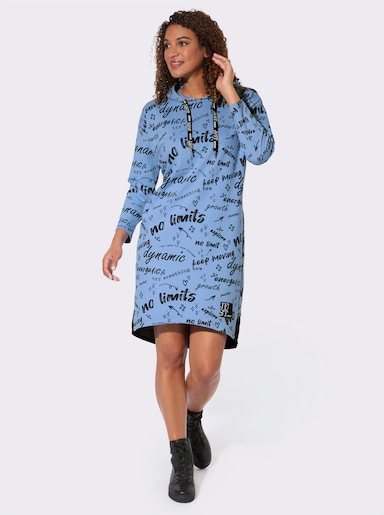 Hoodykleid mit Schriftzügen rundum - himmelblau-schwarz-bedruckt