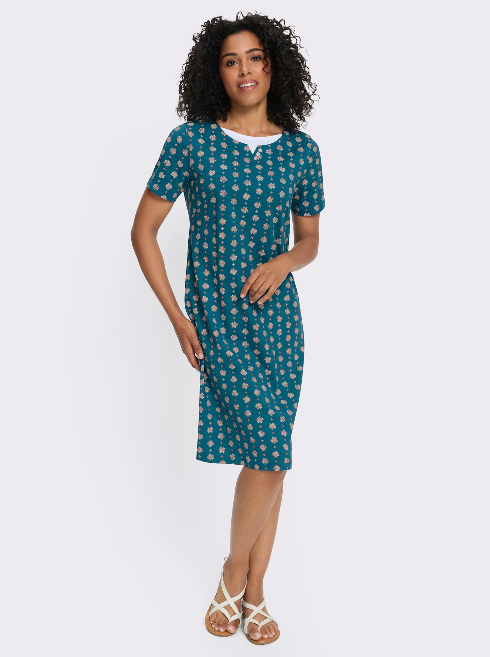 Jerseykleid mit einfarbigem Einsatz am Ausschnitt - aquapetrol-magenta-bedruckt