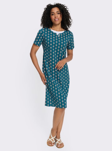 Jerseykleid mit einfarbigem Einsatz am Ausschnitt - aquapetrol-magenta-bedruckt