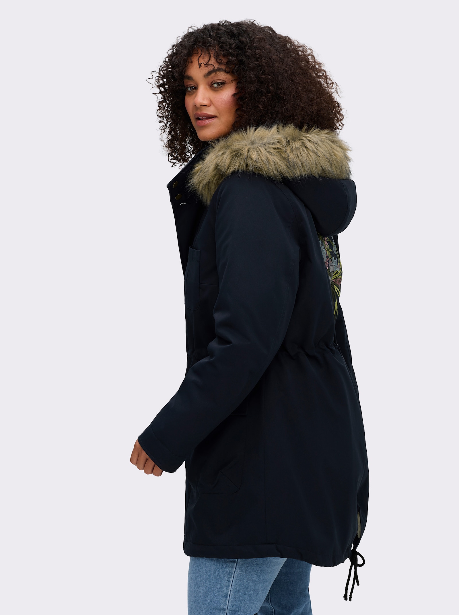sheego by Joe Browns Parka mit Bumenstickerei am Rücken - tiefblau