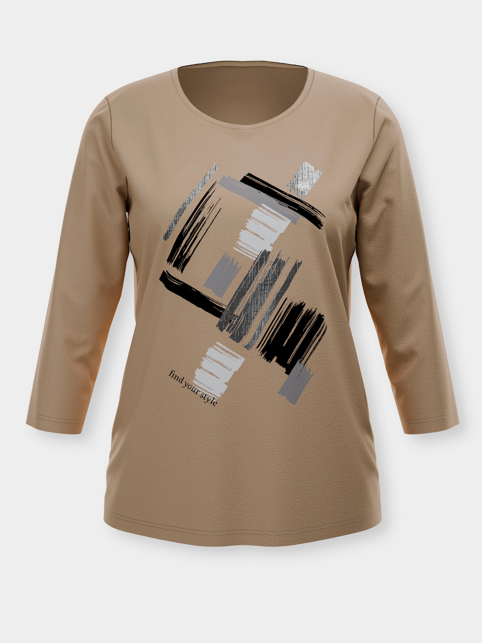 3/4-Arm-Shirt mit glänzendem Druck - camel-ecru