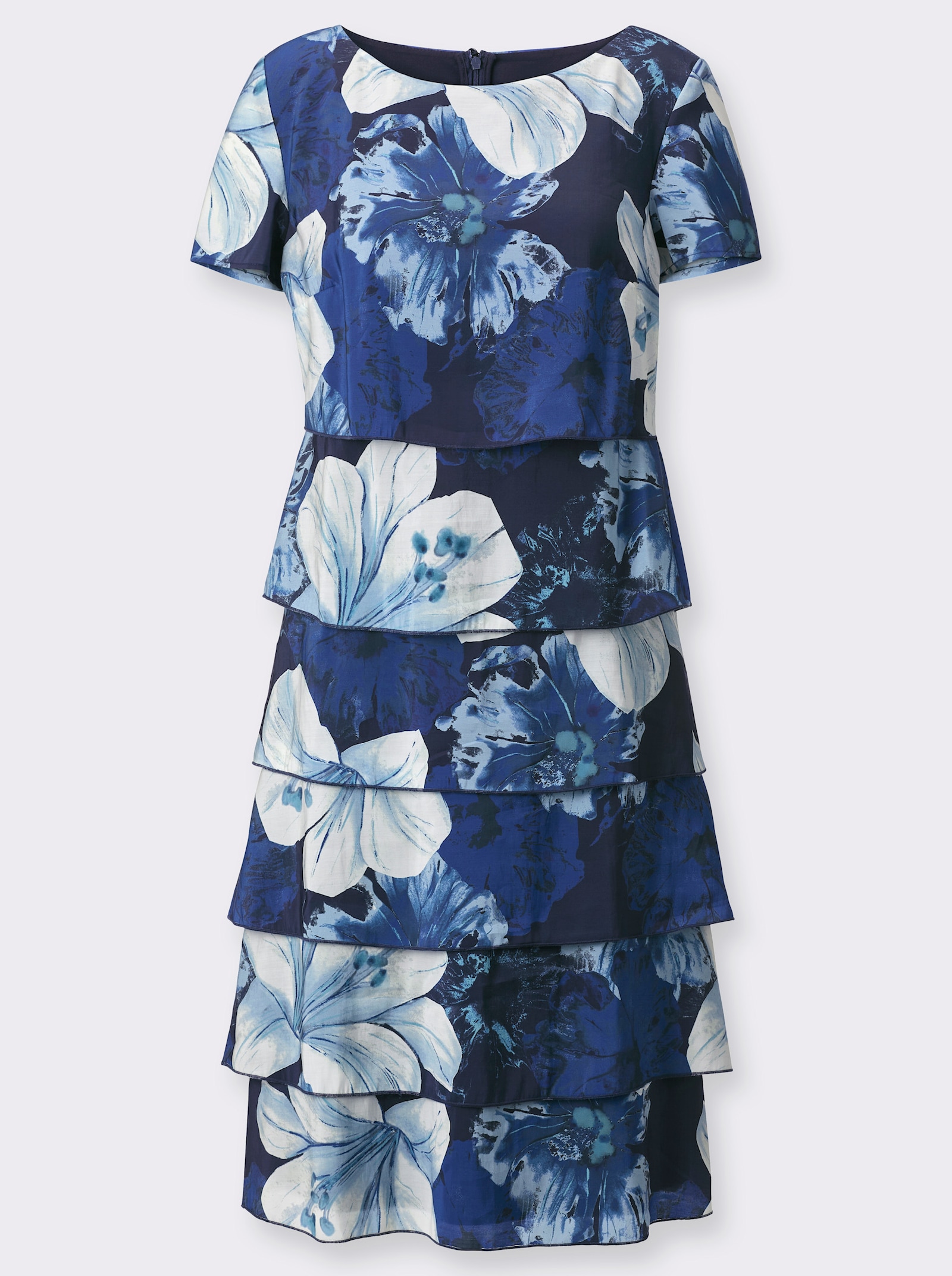 Stufenkleid mit hüftlangem Reißverschluss hinten - ecru-marine-bedruckt