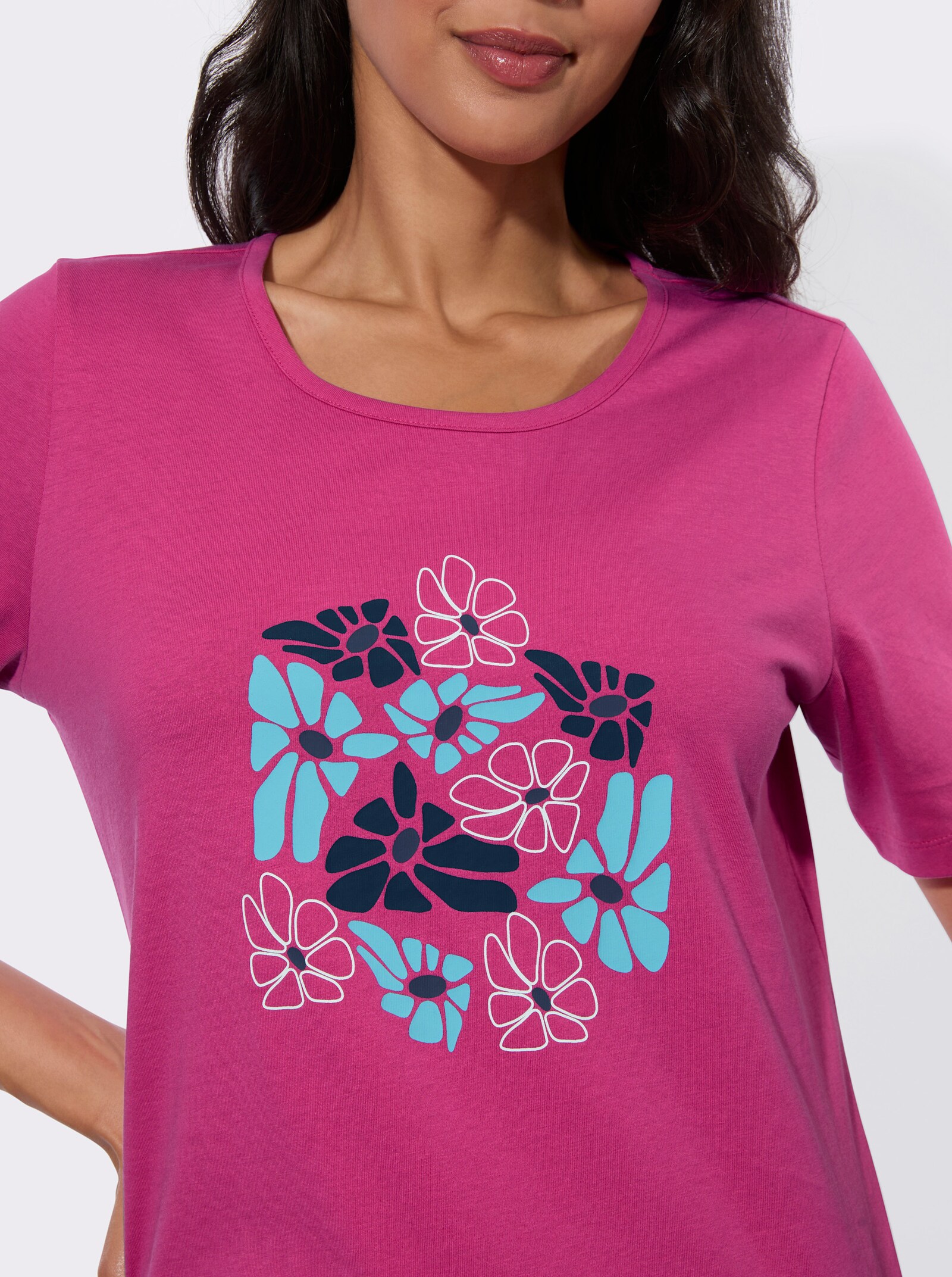 Kurzarmshirt mit platziertem Blumen-Print - fuchsia