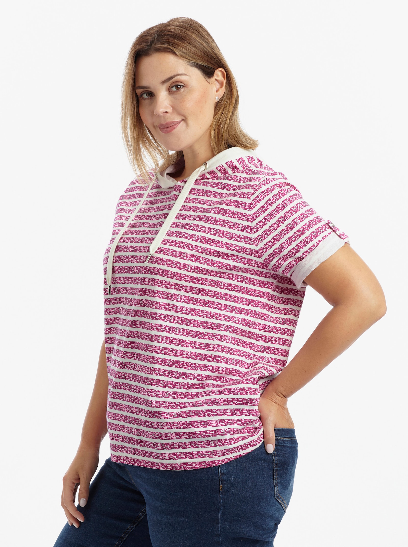 Kapuzenshirt aus reiner Baumwolle - magenta-ecru-geringelt