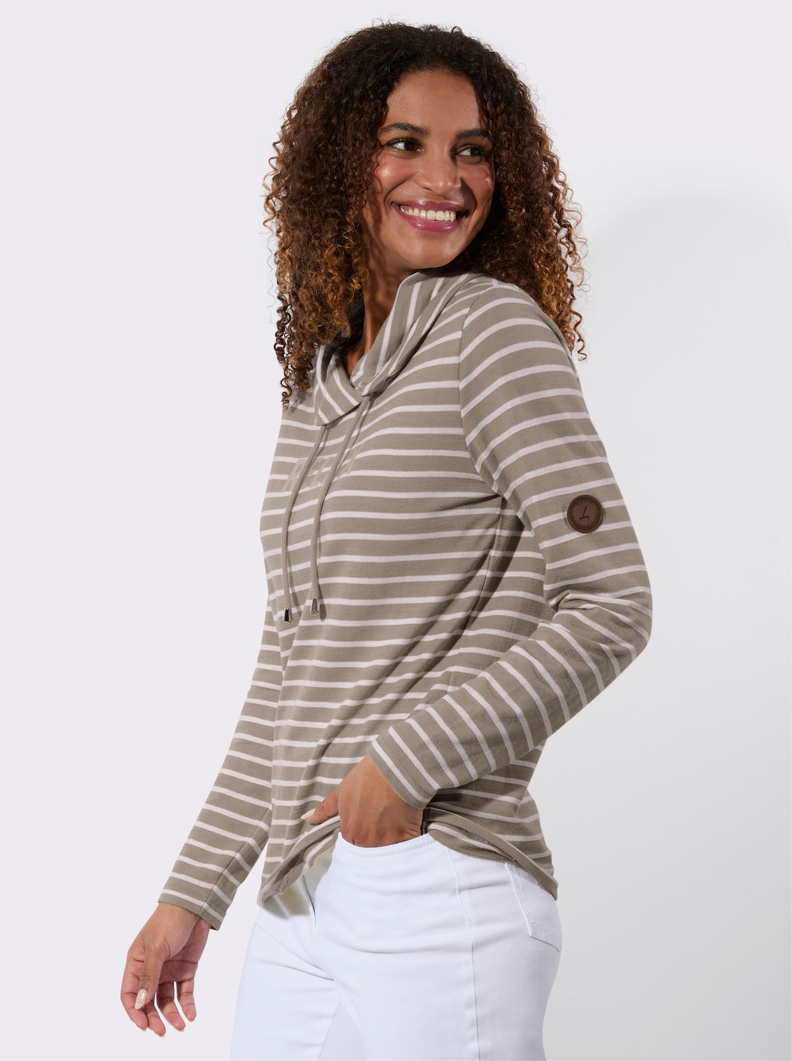 Sweatshirt mit regulierbarem Rollkragen - taupe-weiß-geringelt