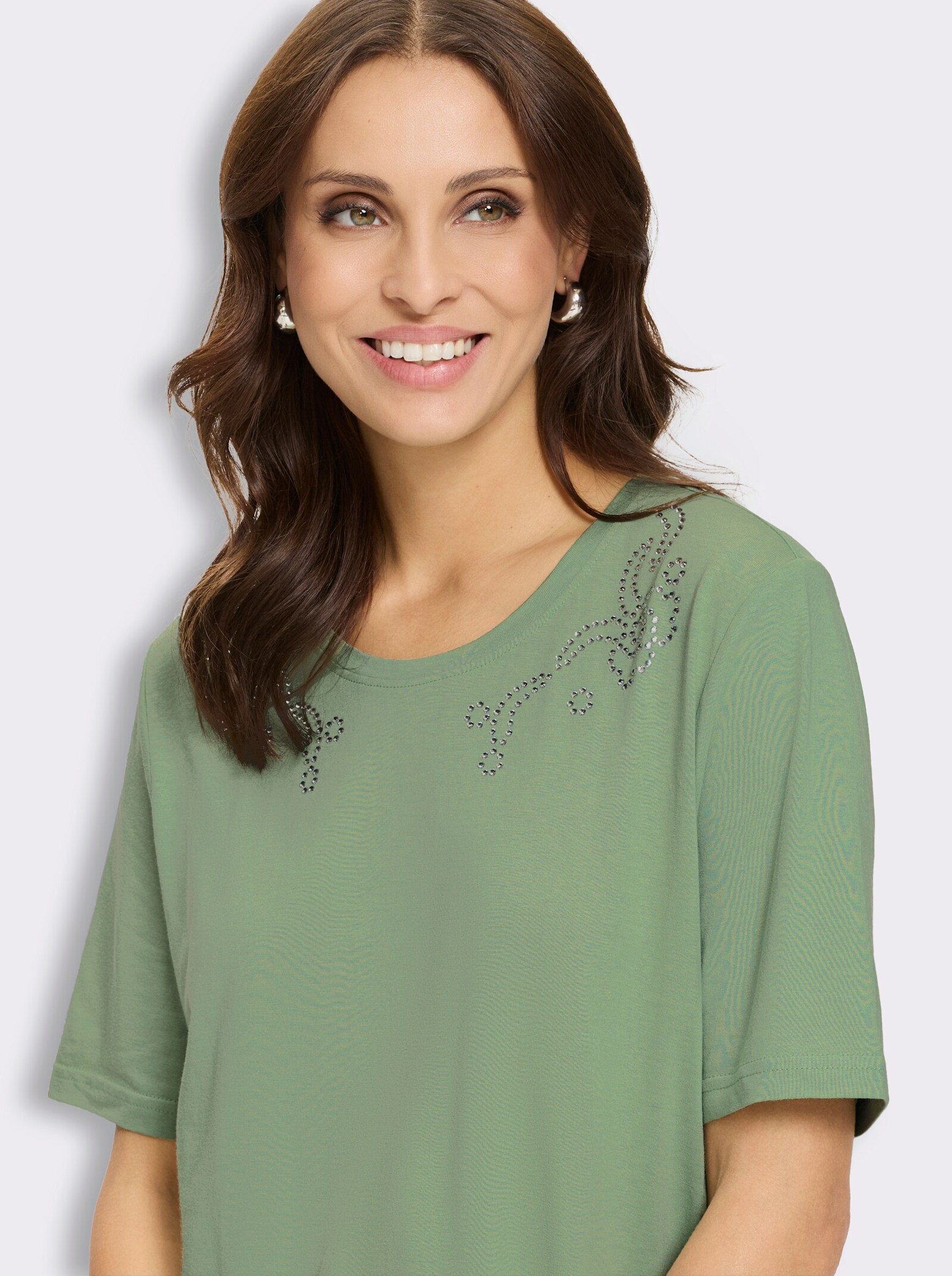 Kurzarmshirt mit Glitzersteinchen - eucalyptus