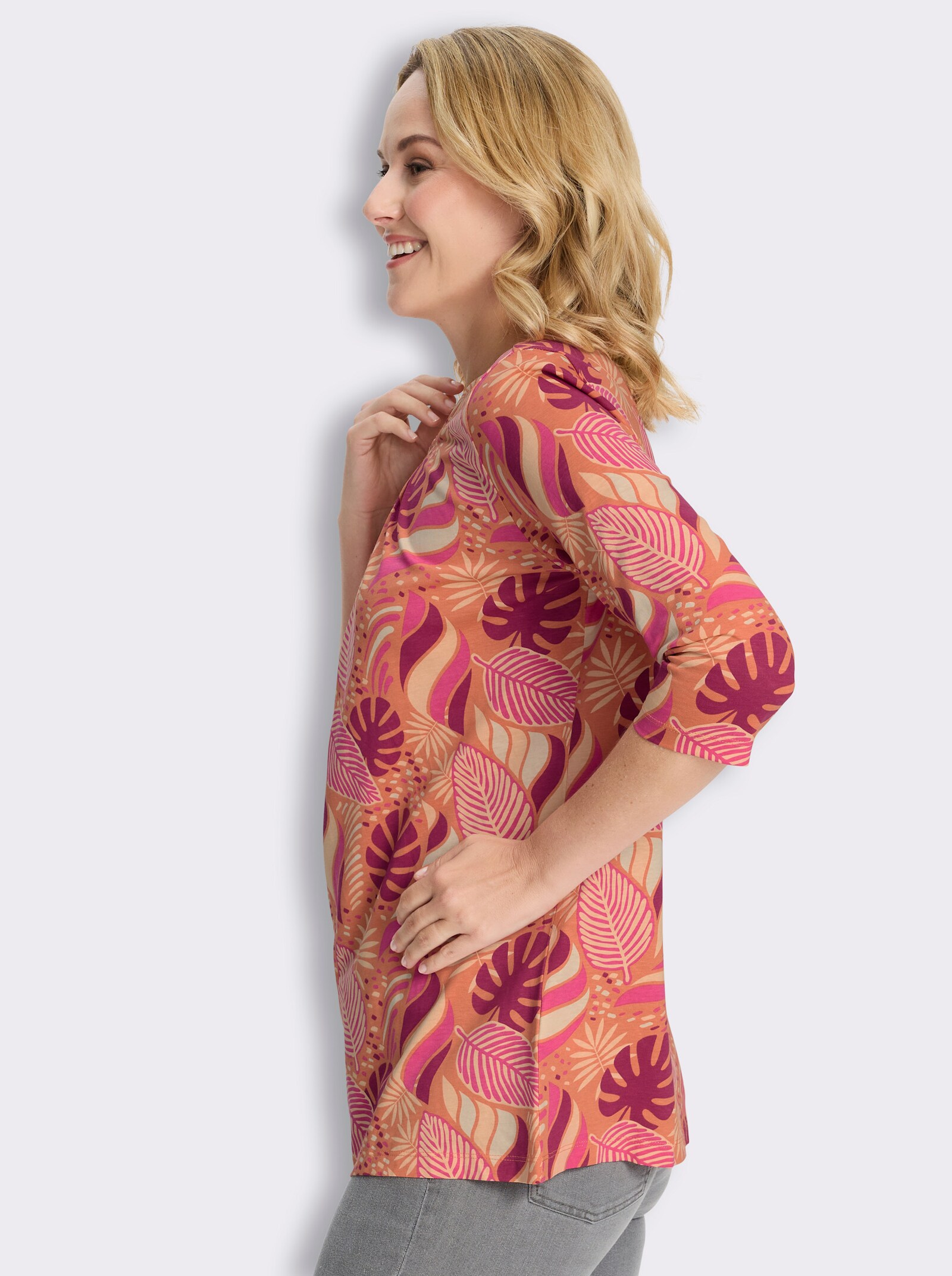 Longshirt in ausgestellter A-Linie - apricot-malve-bedruckt