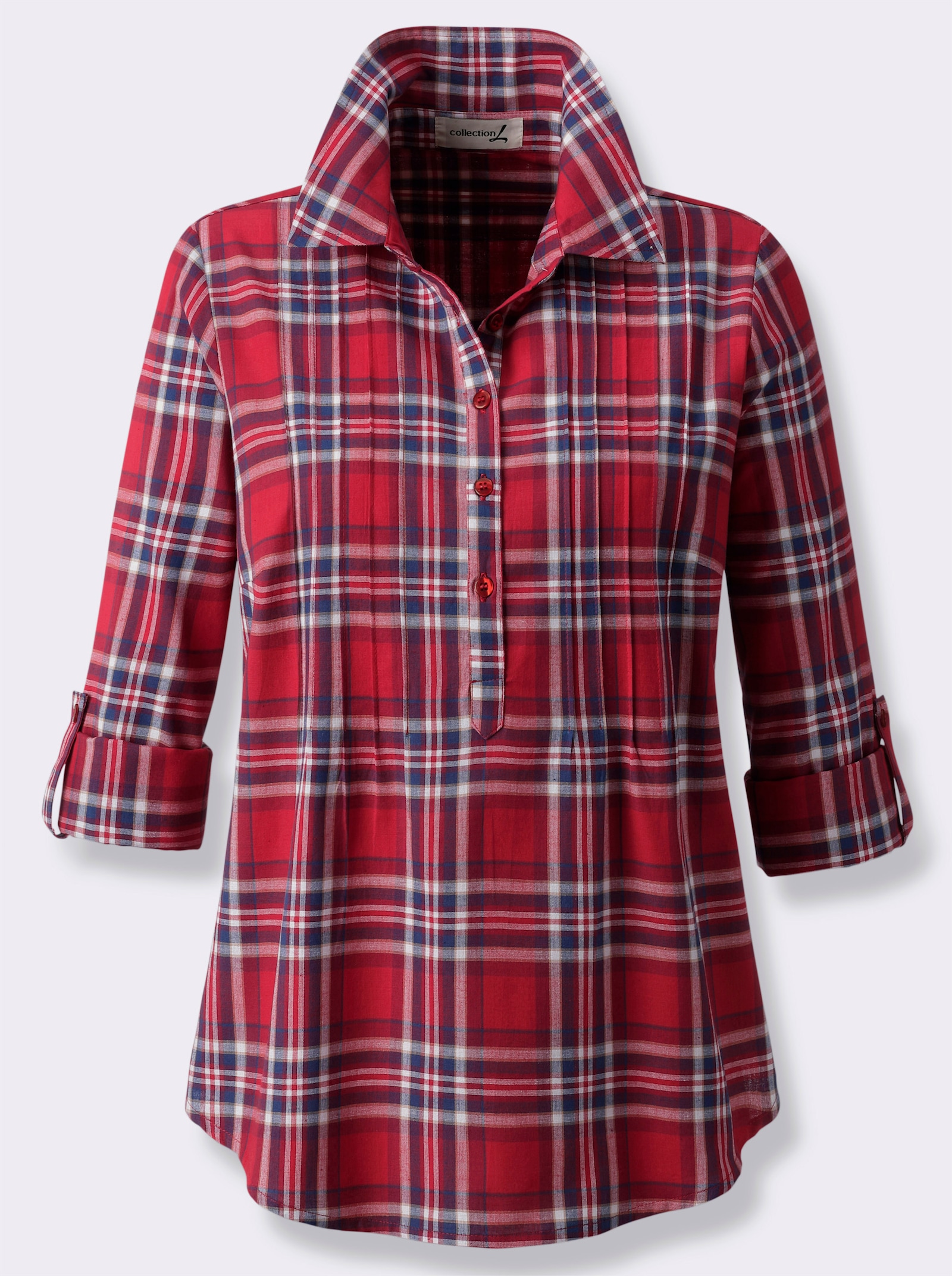 Schlupf-Bluse im gewebten Karomuster - rot-ecru-kariert