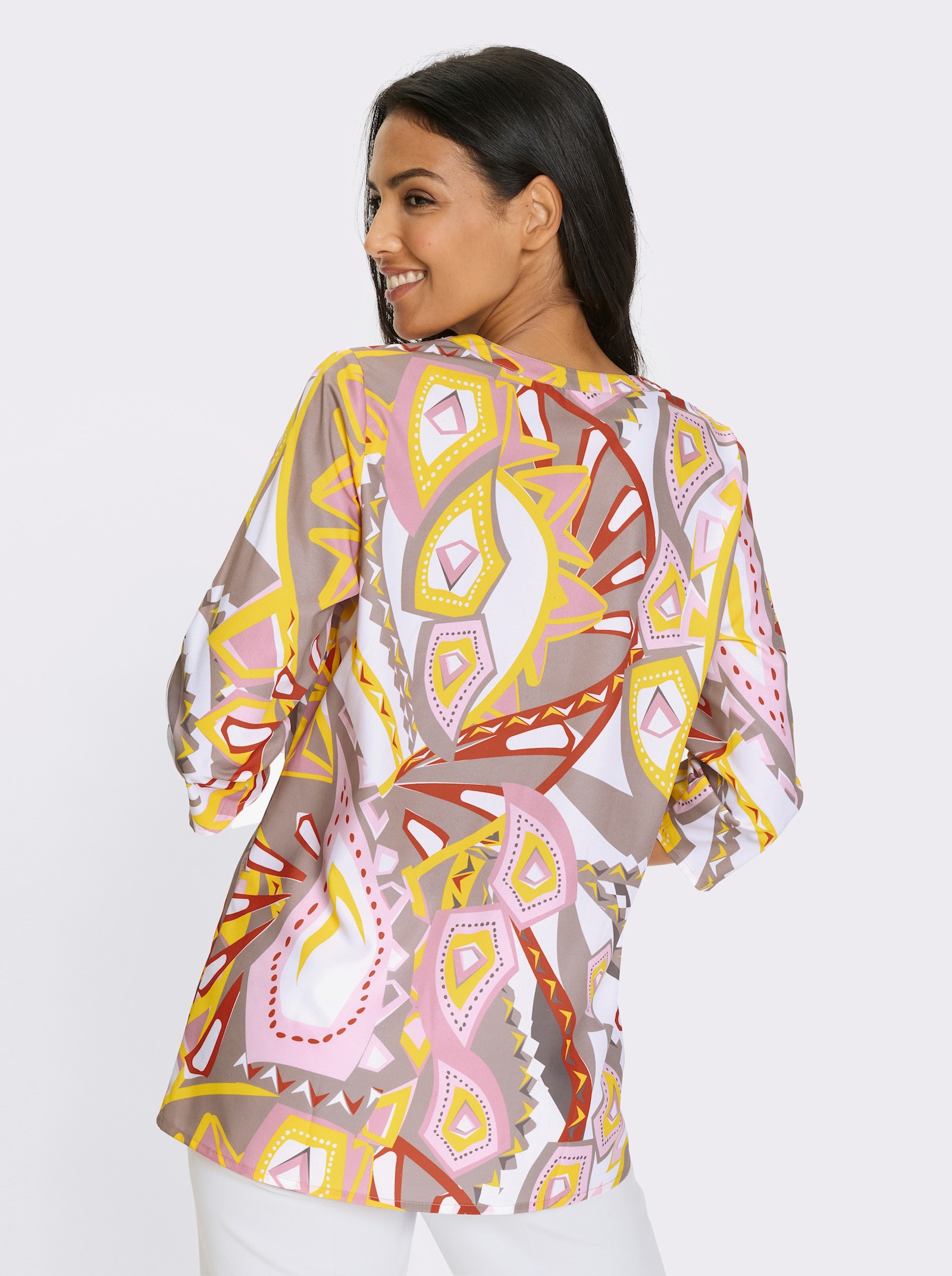 Longbluse mit gestreiftem Ripsband - sonnengelb-ecru-bedruckt