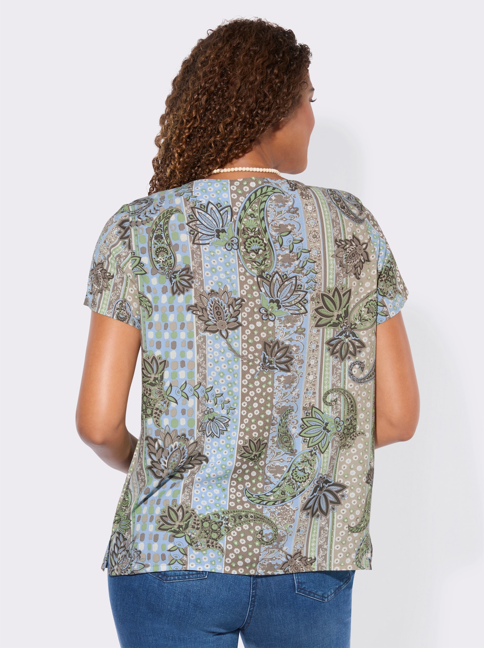 Druckbluse mit Seitenschlitzen - taupe-eucalyptus