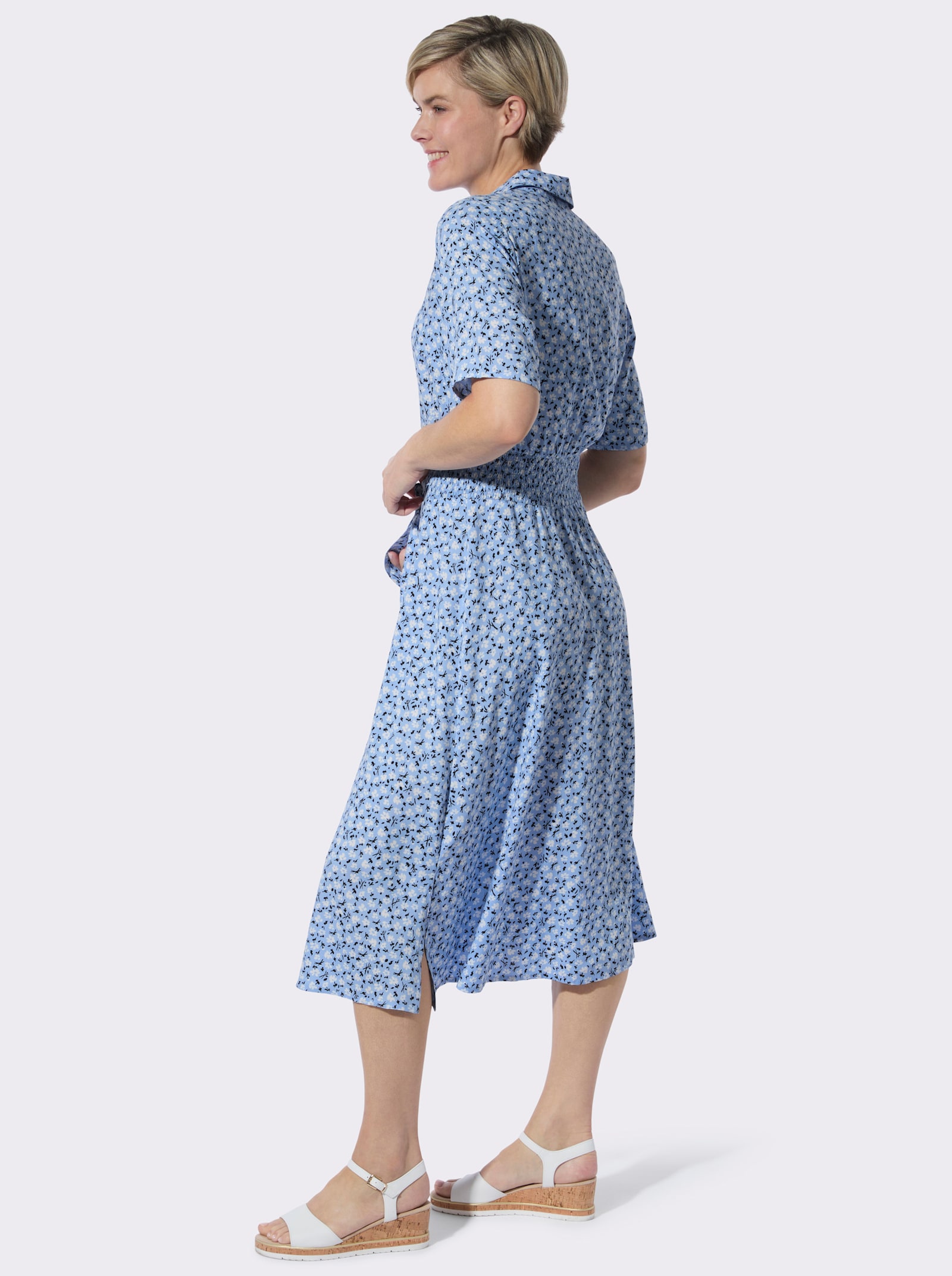 Blusenkleid im floralem Dessin - himmelblau-weiß-bedruckt