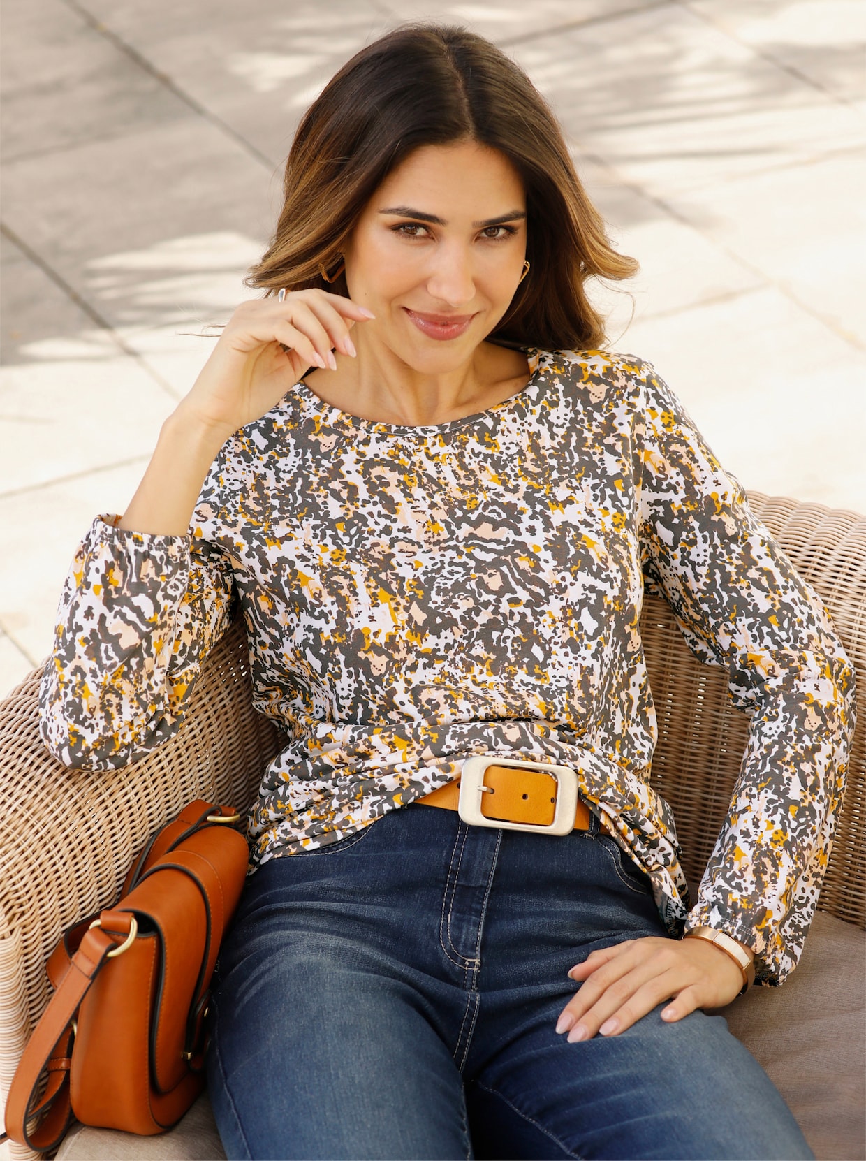 Shirt met lange mouwen - ecru/antraciet bedrukt