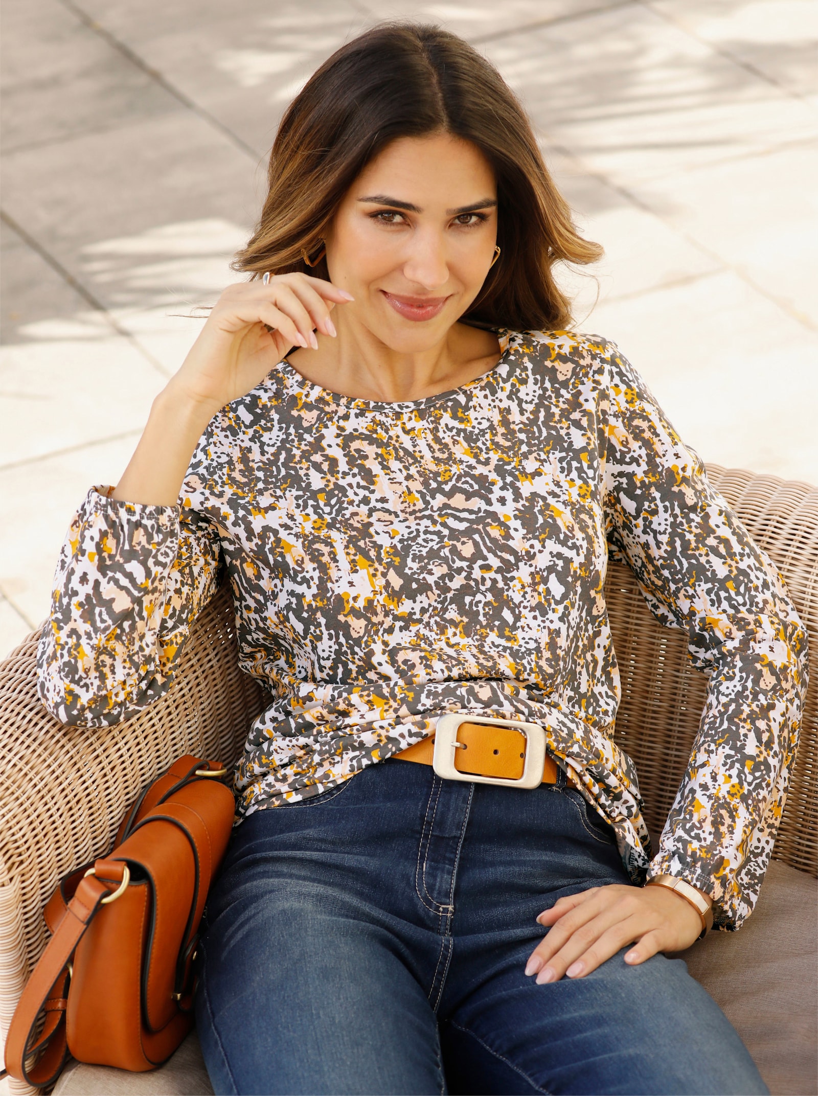 Shirt met lange mouwen van puur katoen - ecru/antraciet bedrukt