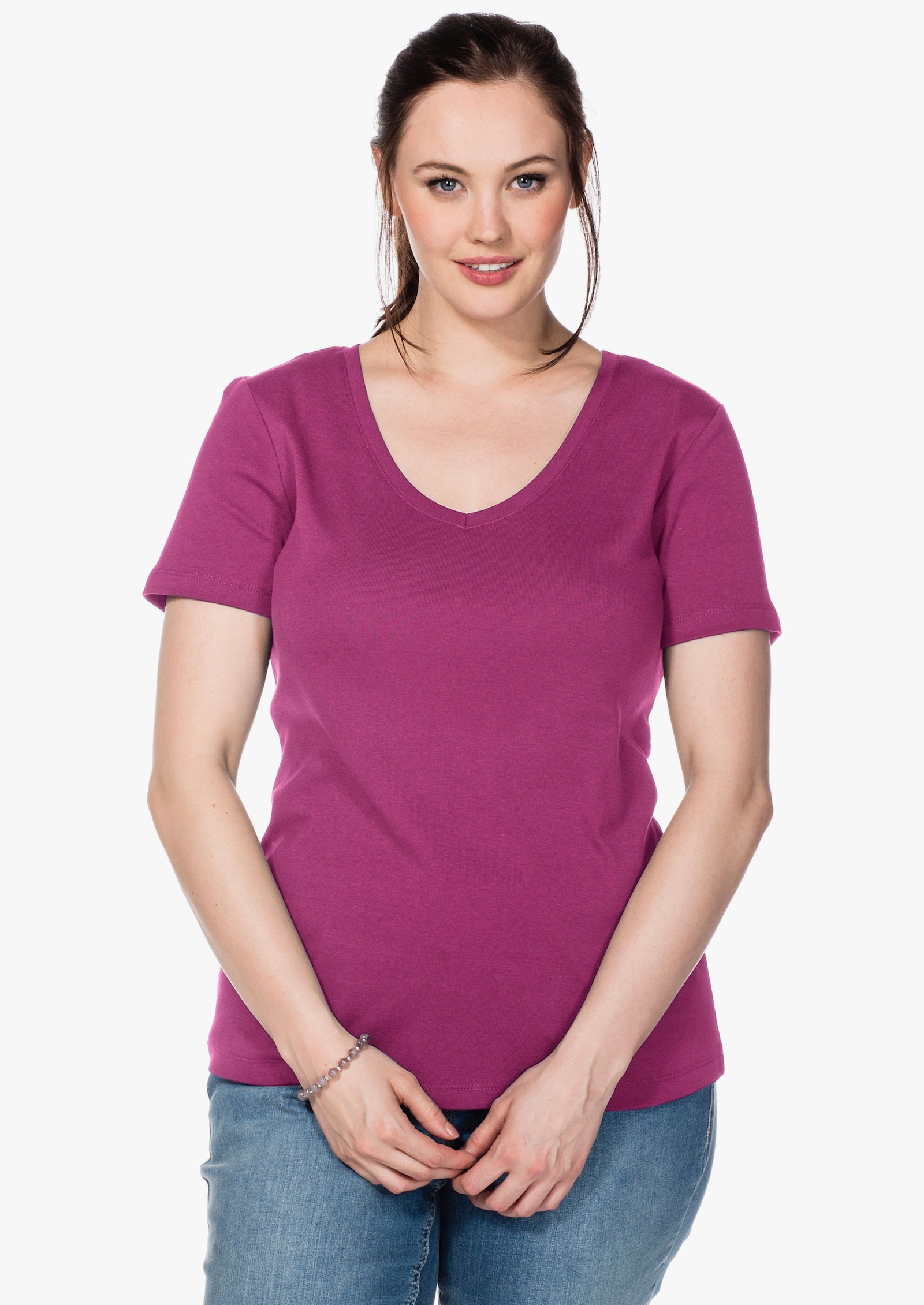 sheego T-shirt met V-hals, ribmateriaal - magenta