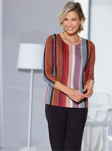 Långärmad topp med längsgående ränder - mörkröd-roströd-randig