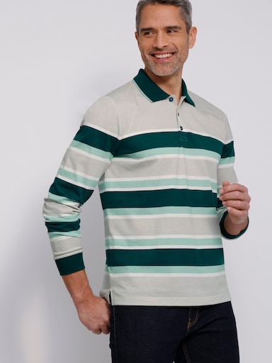 Langarm-Poloshirt im Ringel-Dessin - hellgrau-petrol-geringelt