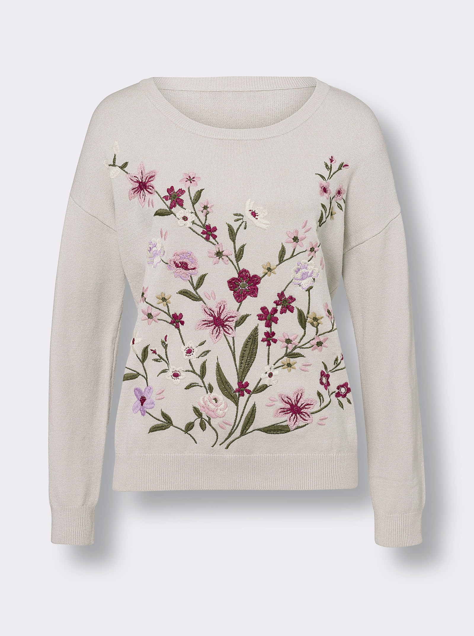 heine Pull en tricot fin avec broderie florale - gris clair-kaki à motifs