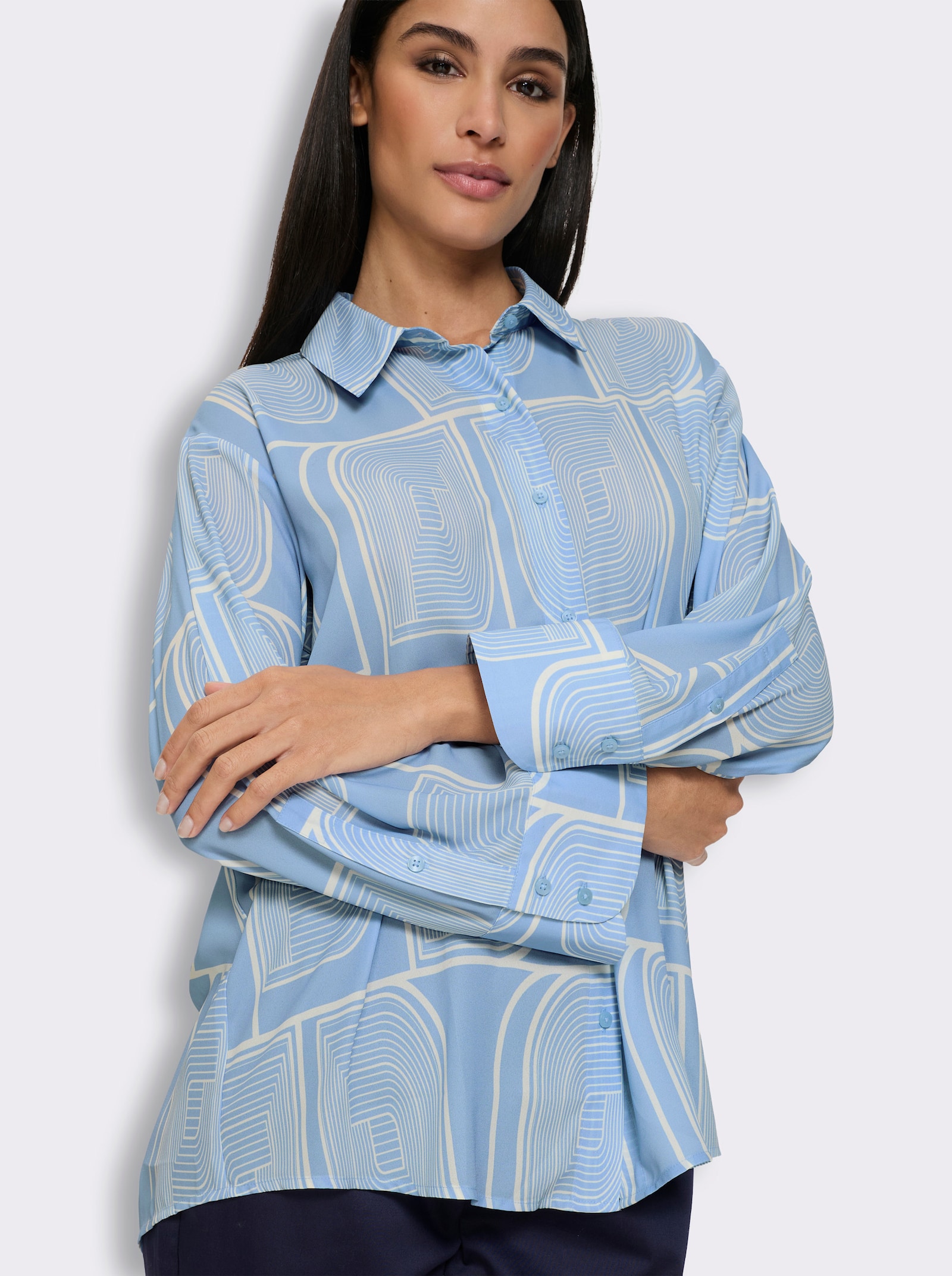 heine Druckbluse in Longform - eisblau-champagner-bedruckt