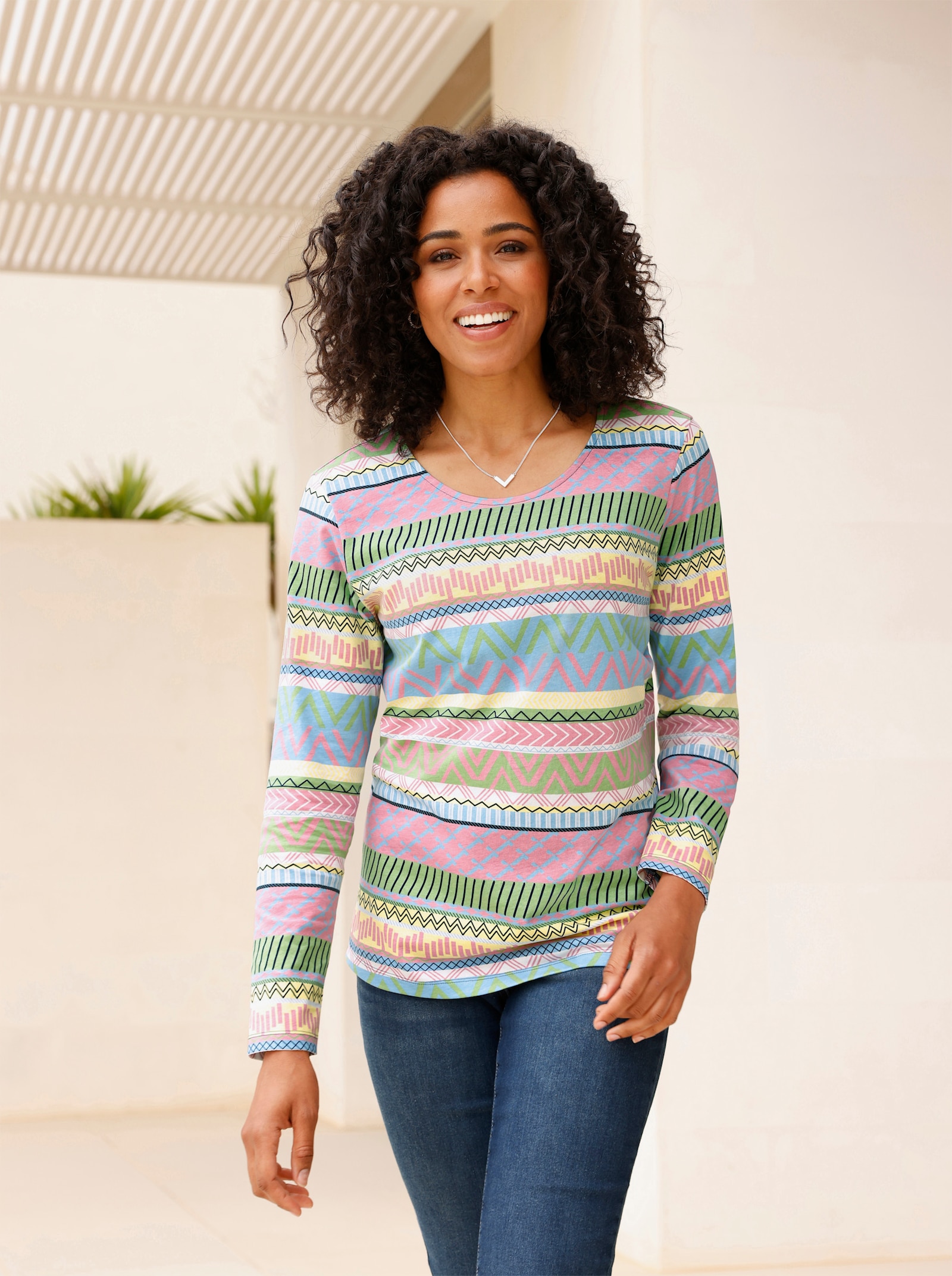 Langarmshirt mit Muster-Mix in Streifen-Optik - himmelblau-altrosa-bedruckt