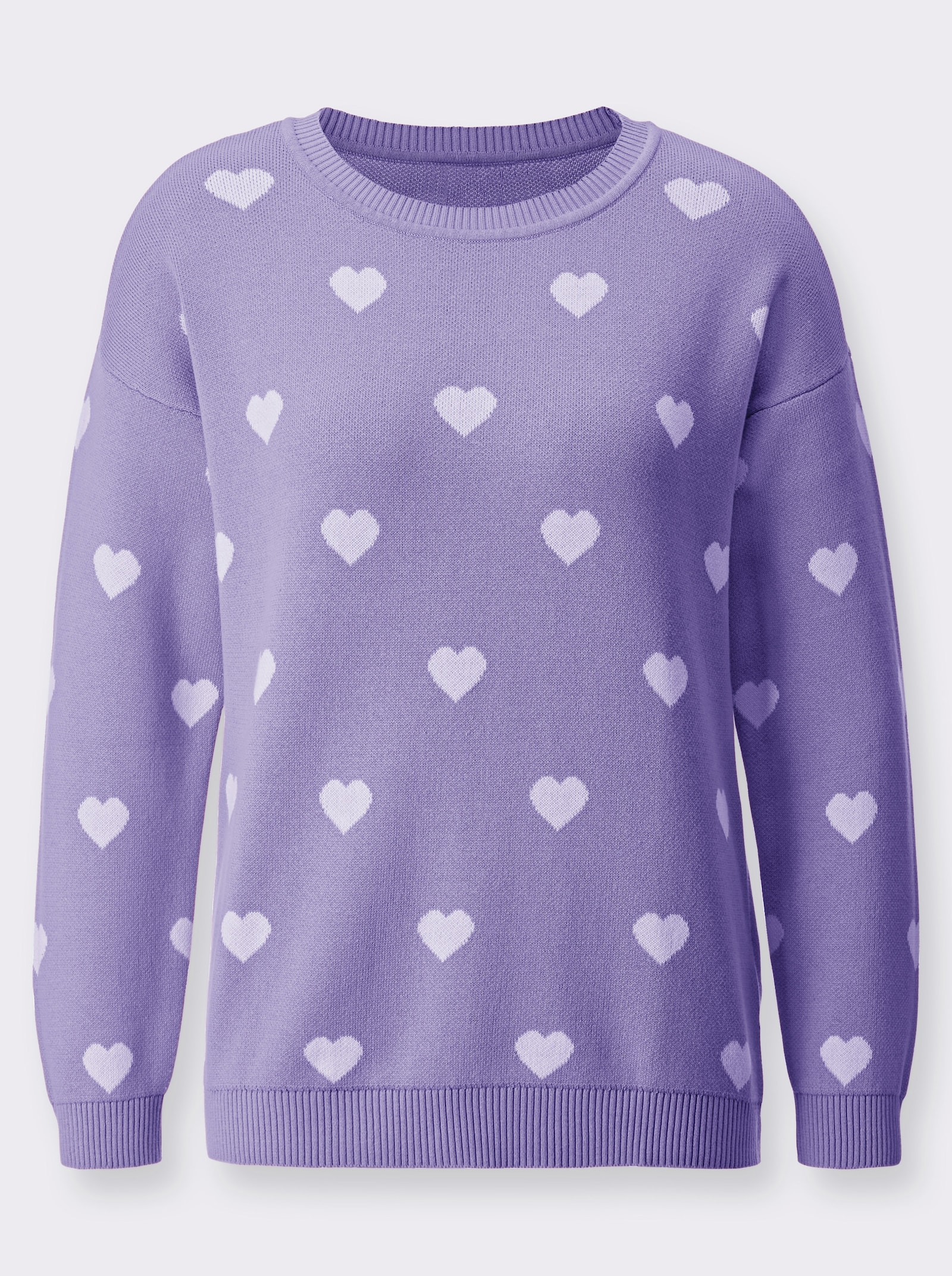 Langarm-Pullover mit Herz-Motiven - lavendel-weiss-gemustert