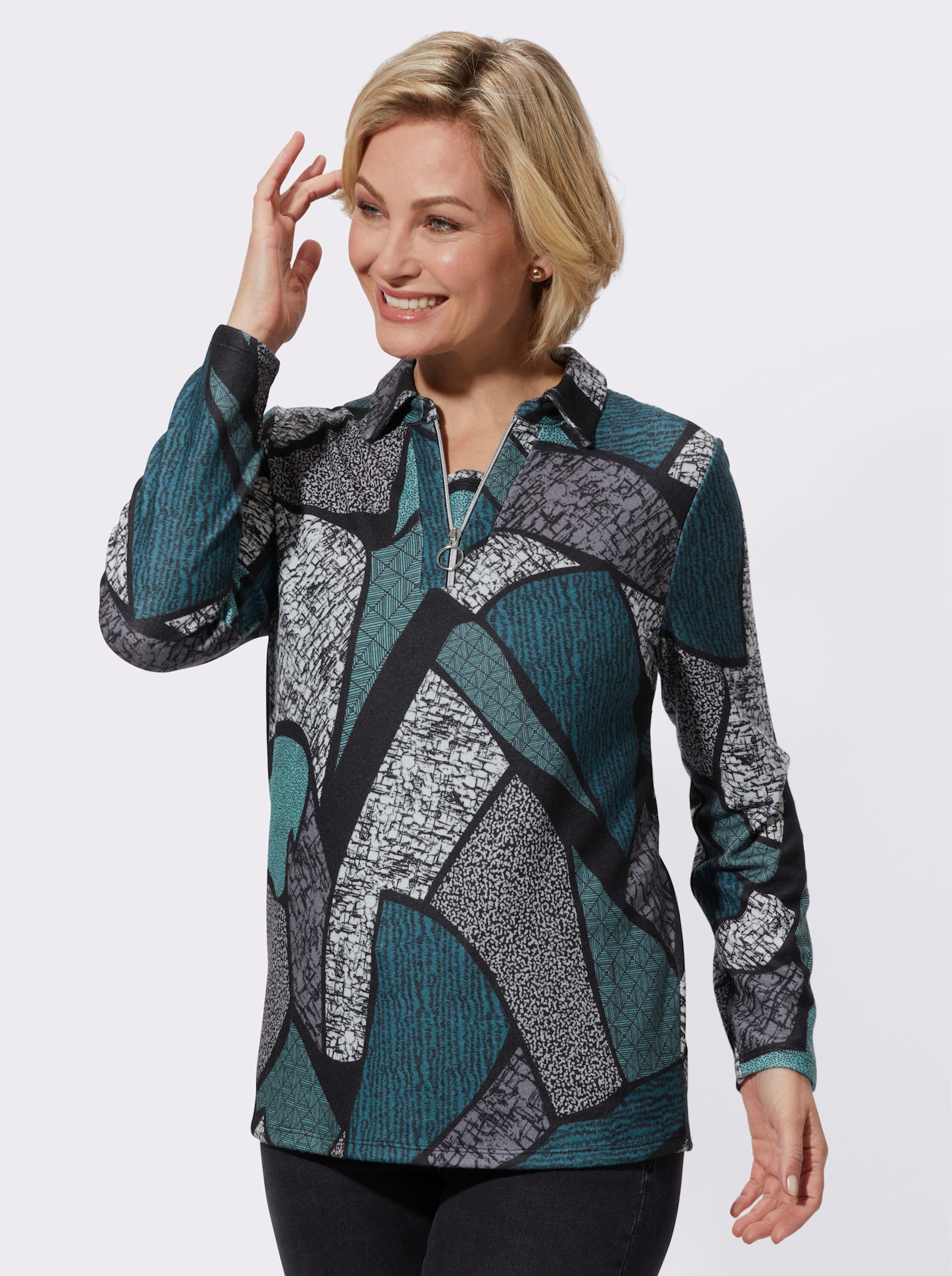 Langarmshirt im Grafik-Dessin - ozean-schwarz-bedruckt