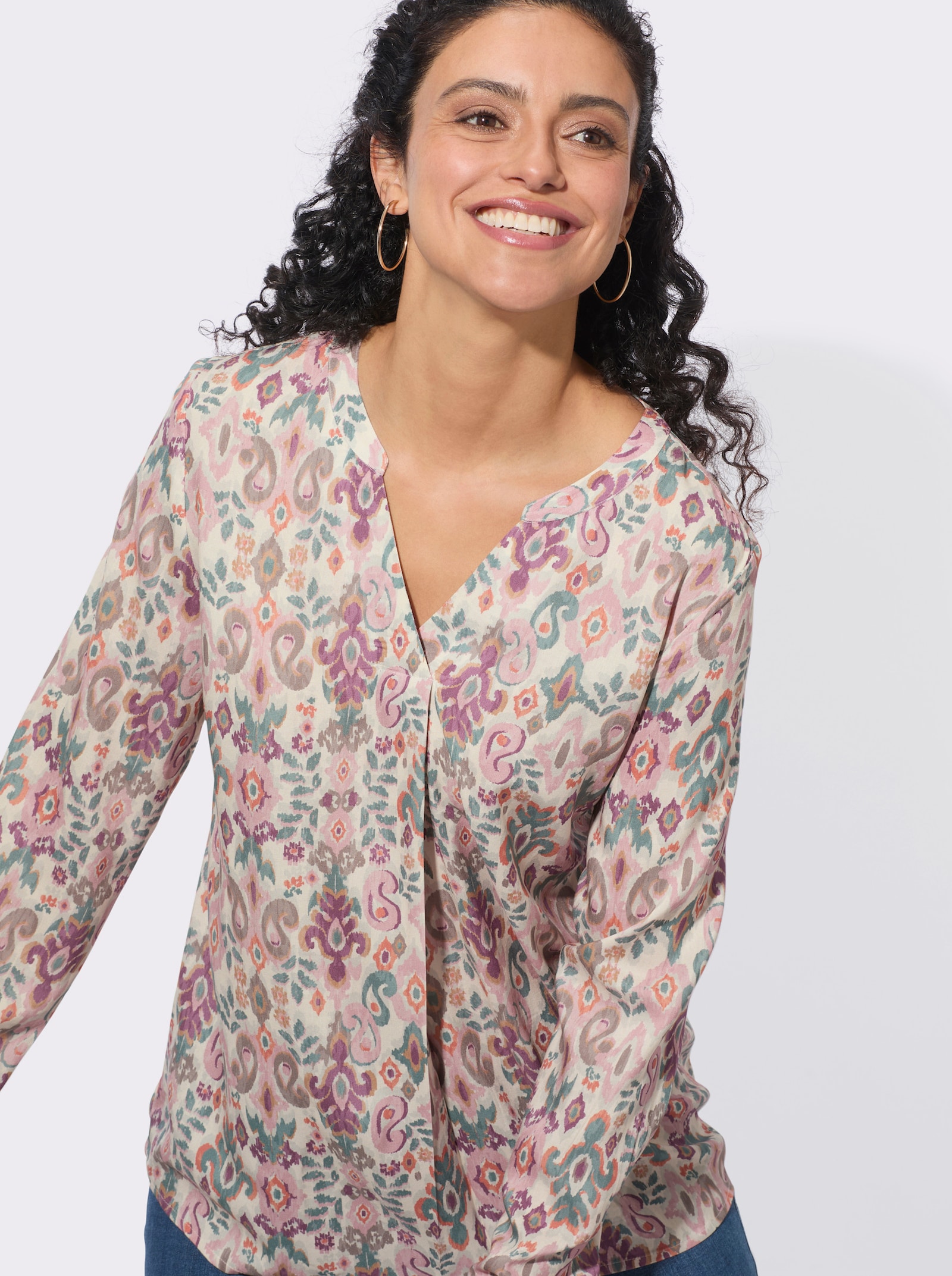 Druckbluse in Schlupfform - champagner-jade-bedruckt