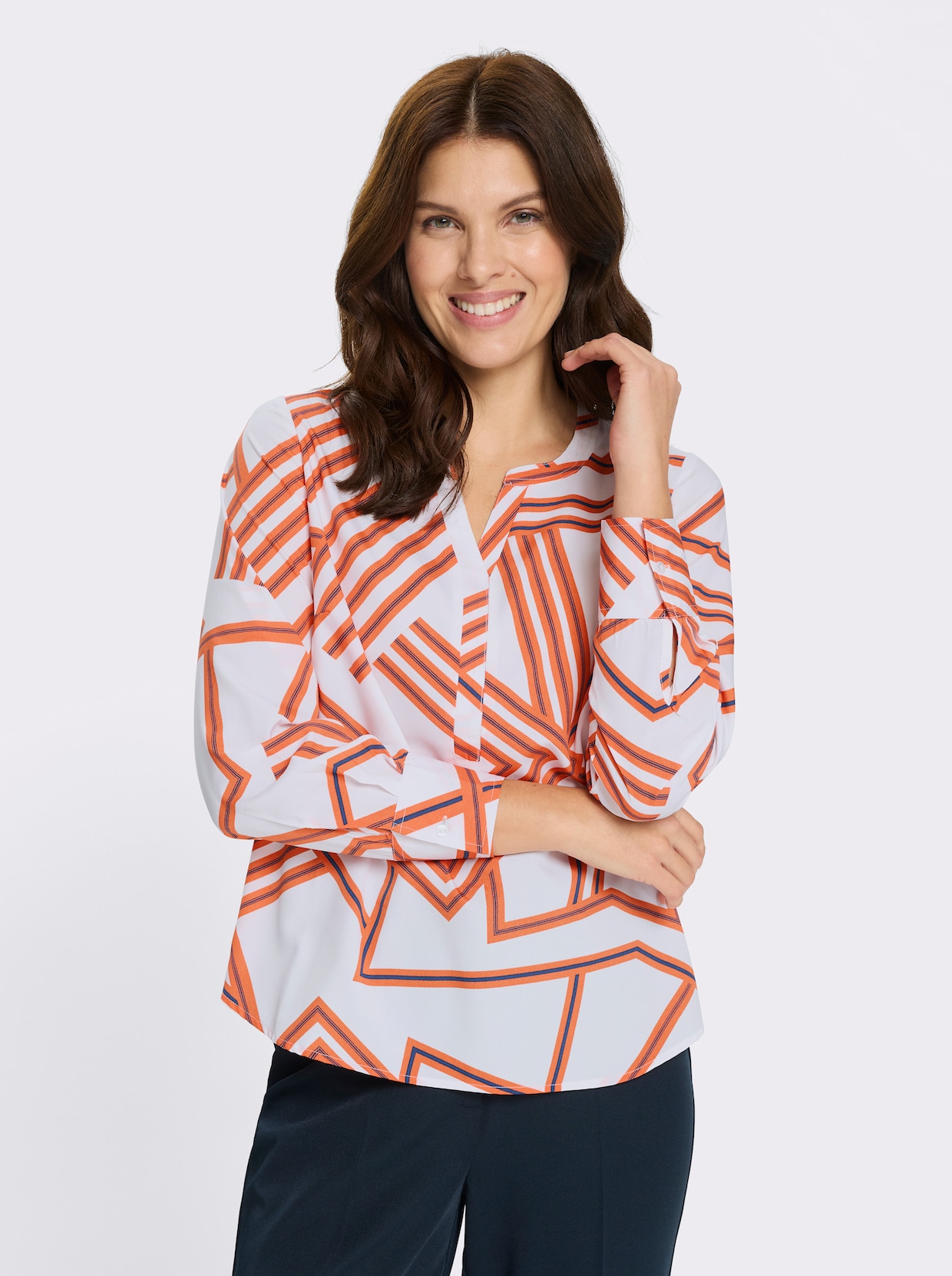 Schlupf-Bluse mit grafischem Druck - weiß-orange-bedruckt