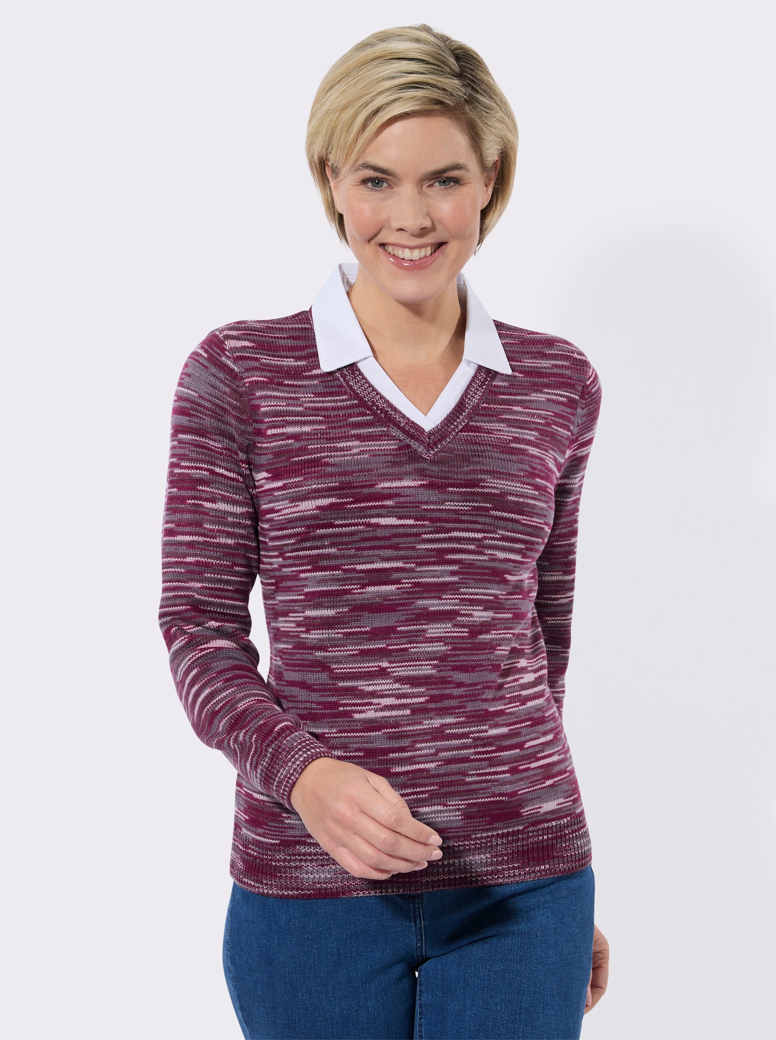 2-in-1-Pullover in Melange-Optik - rosé-burgund-meliert