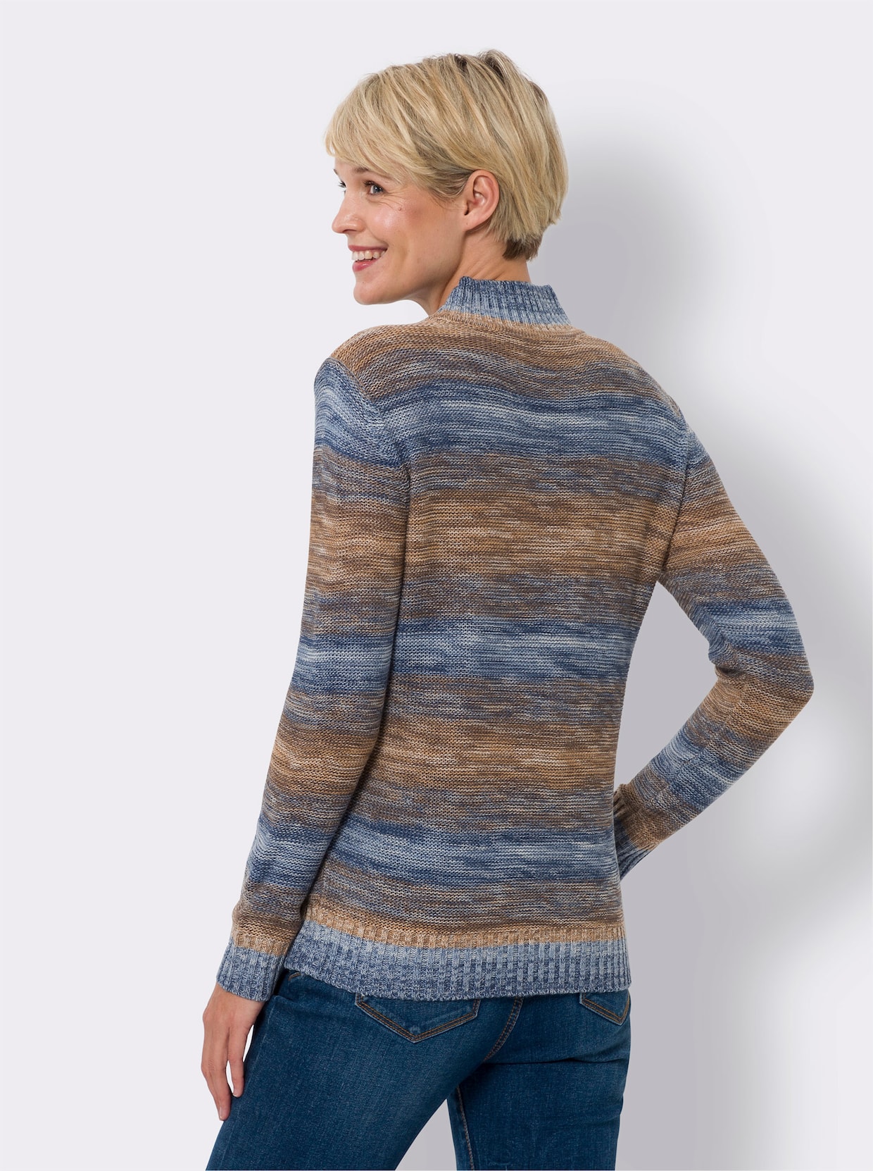 Stehkragenpullover - camel-jeansblau-gemustert