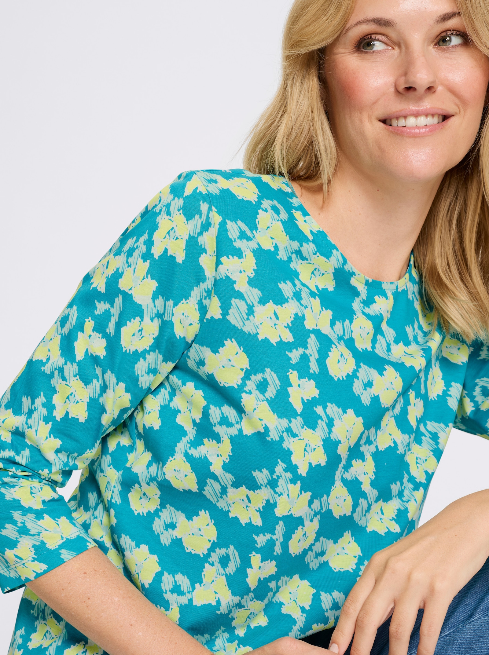 3/4-Arm-Shirt allover bedruckt, Baumwolle - türkis-pistazie-bedruckt