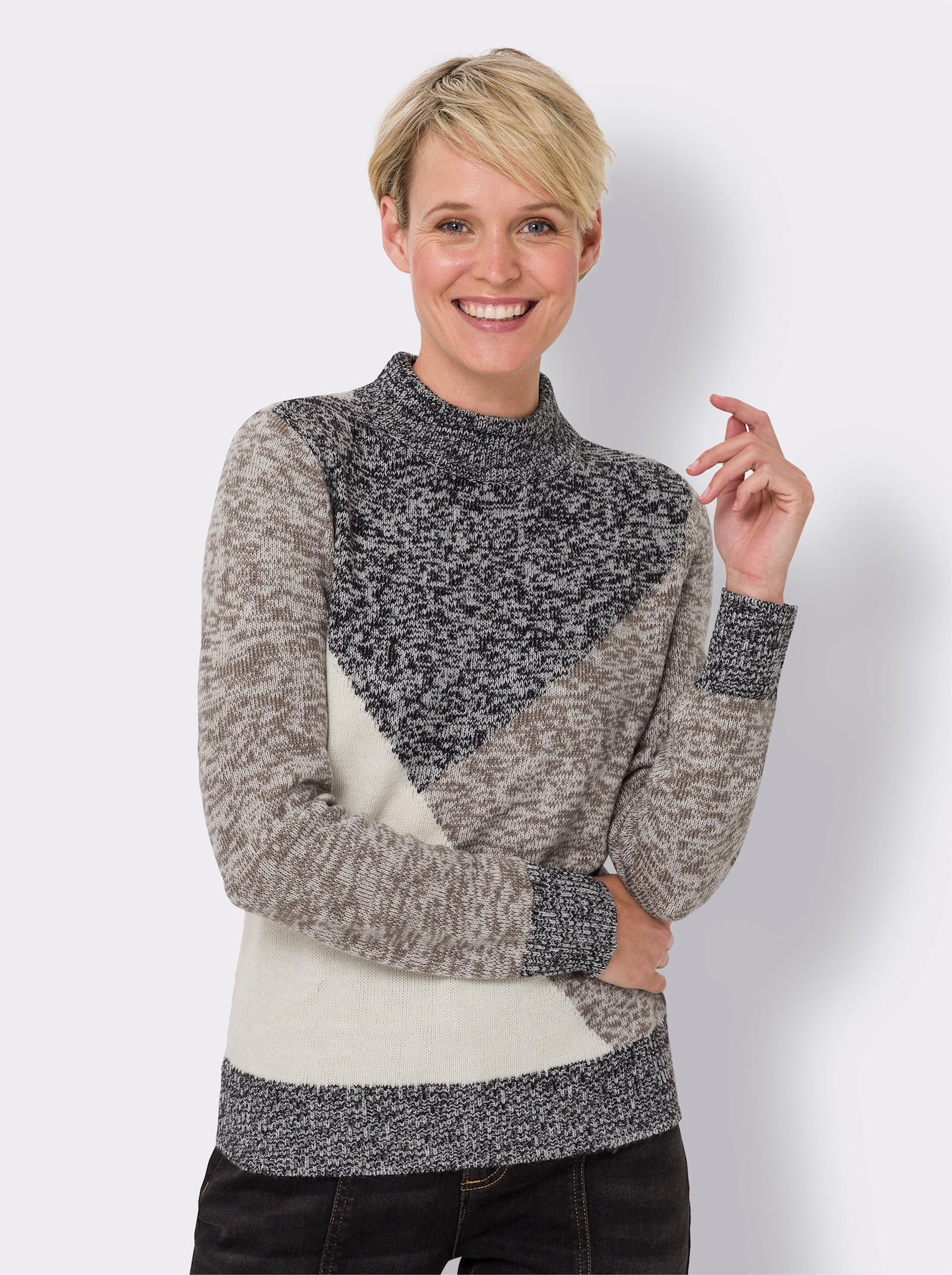 Stehkragenpullover in Patchwork-Optik - taupe-schwarz-meliert