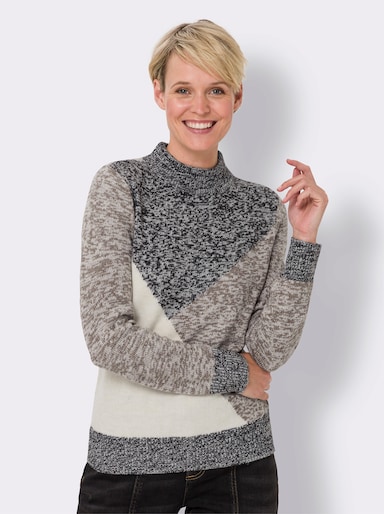 Stehkragenpullover in Patchwork-Optik - taupe-schwarz-meliert