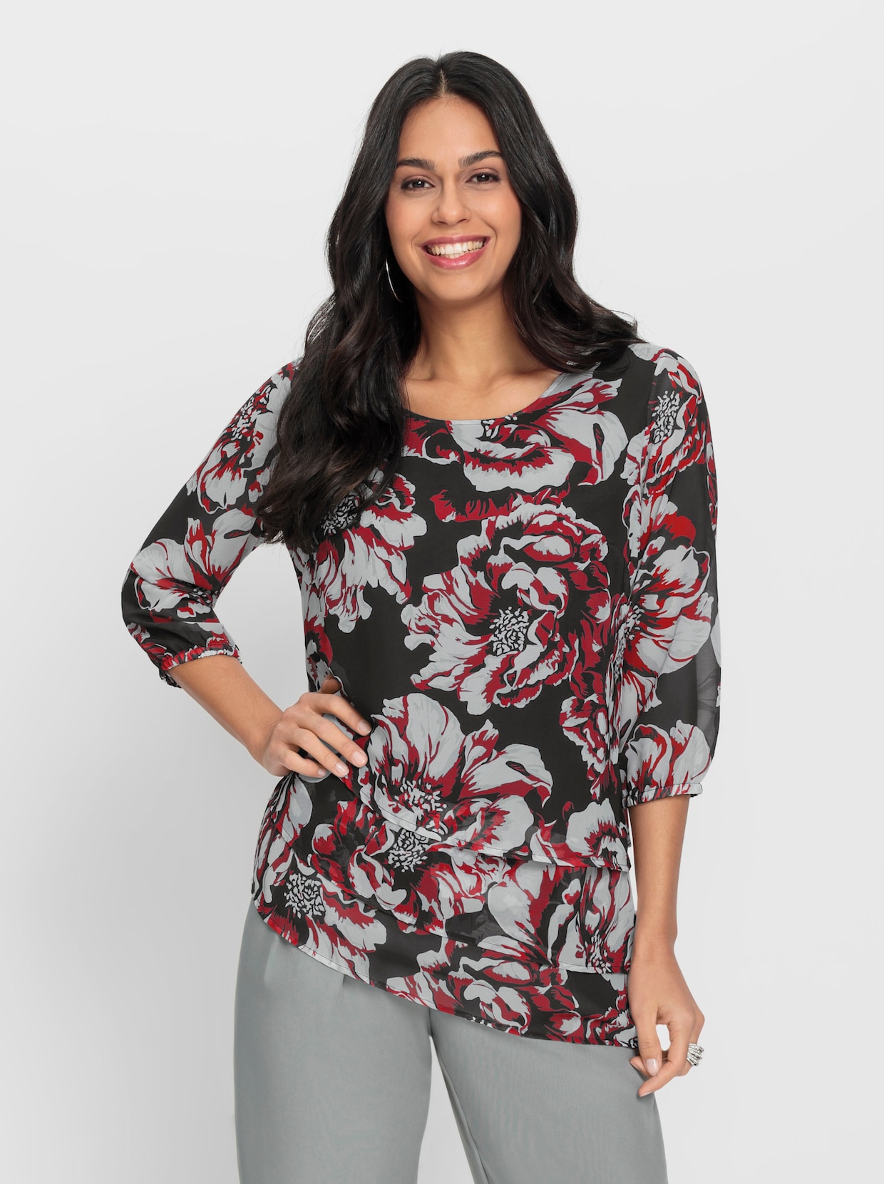 Georgetteblouse - zwart/rood geprint