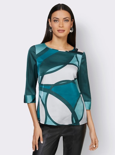 Schlupfbluse , hinten einfarbig - ecru-petrol-bedruckt