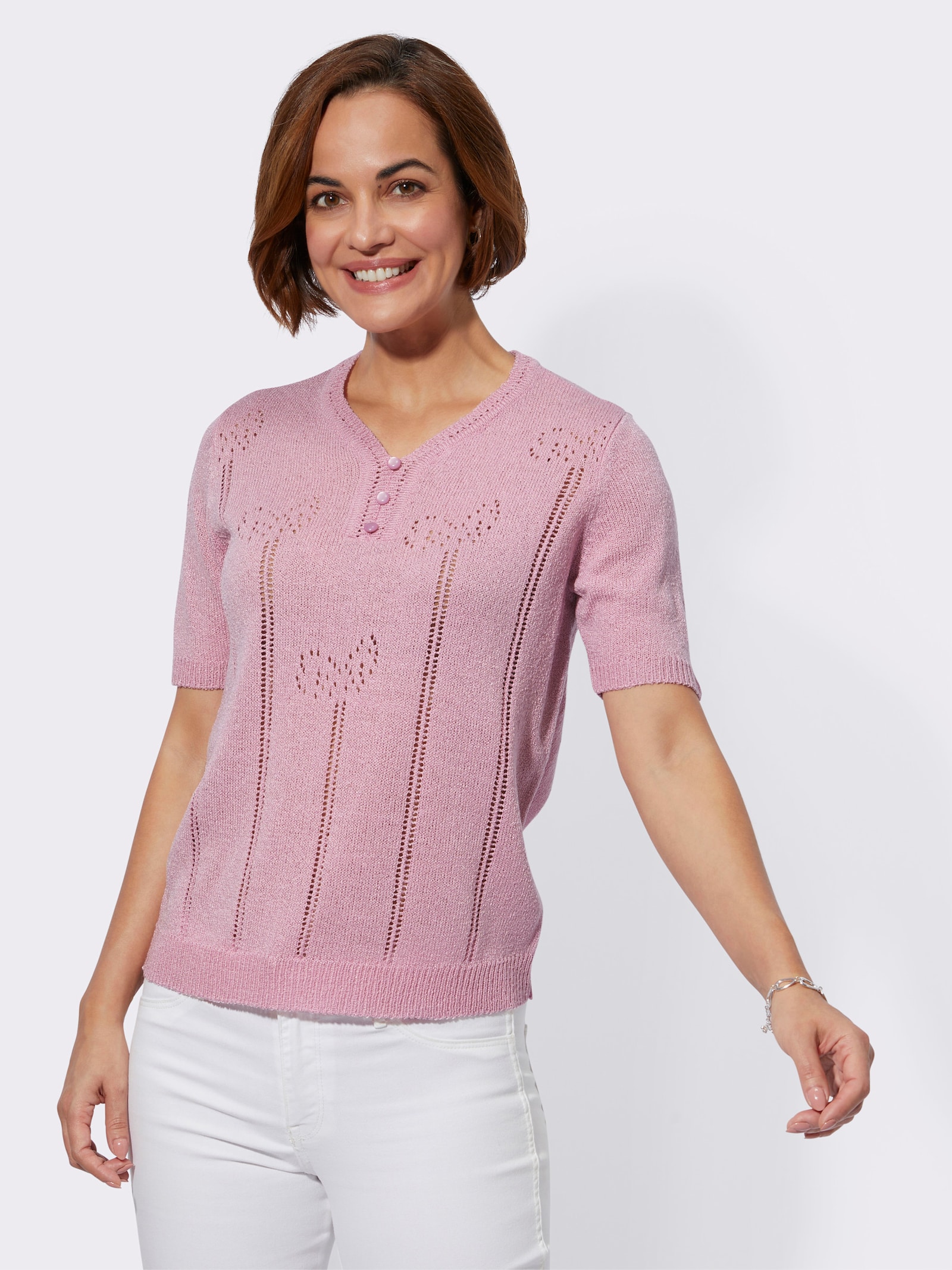 Bouclé-pullover in ajourpatroon - roze