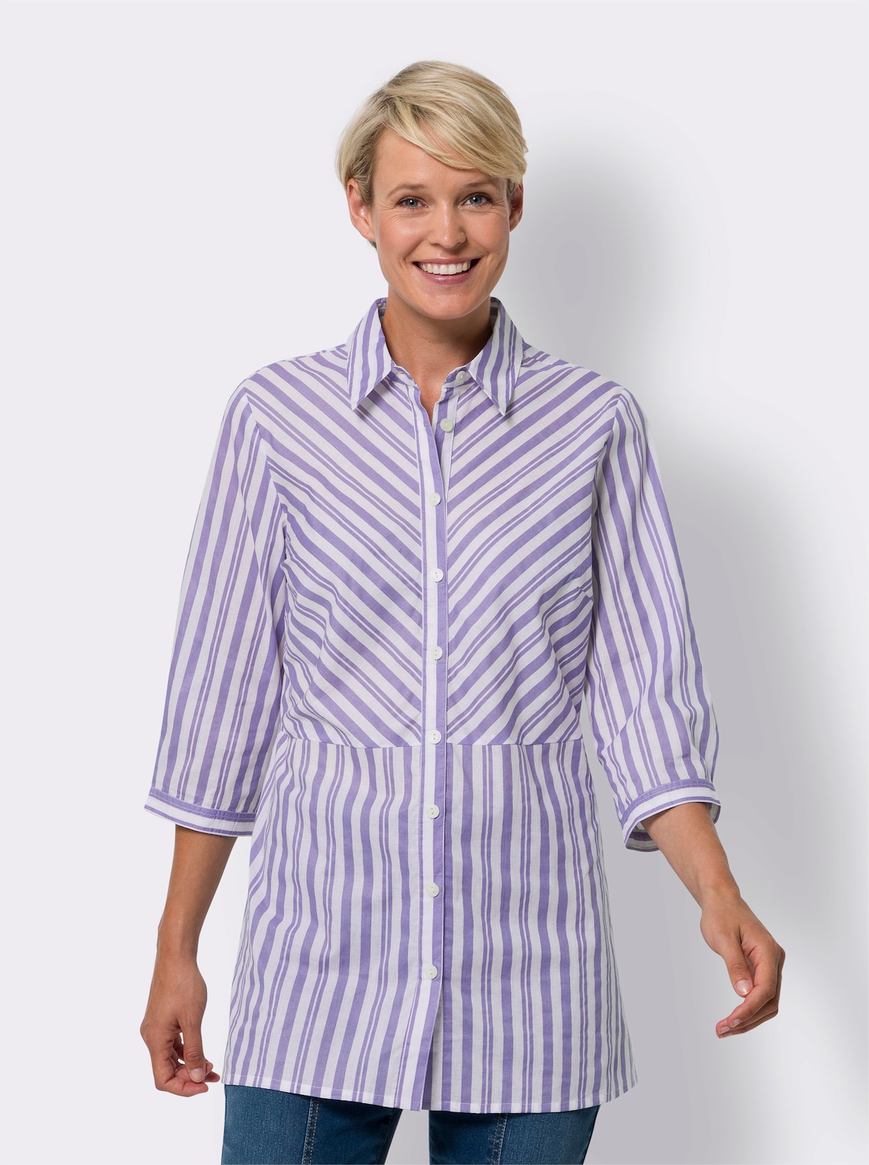 Longbluse - lavendel-weiss-gestreift