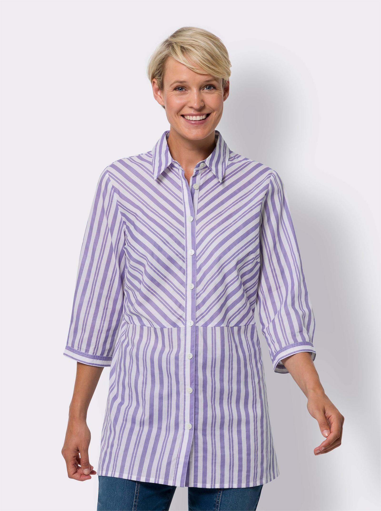 Lange blouse in streepdessin - lavendel/wit gestreept