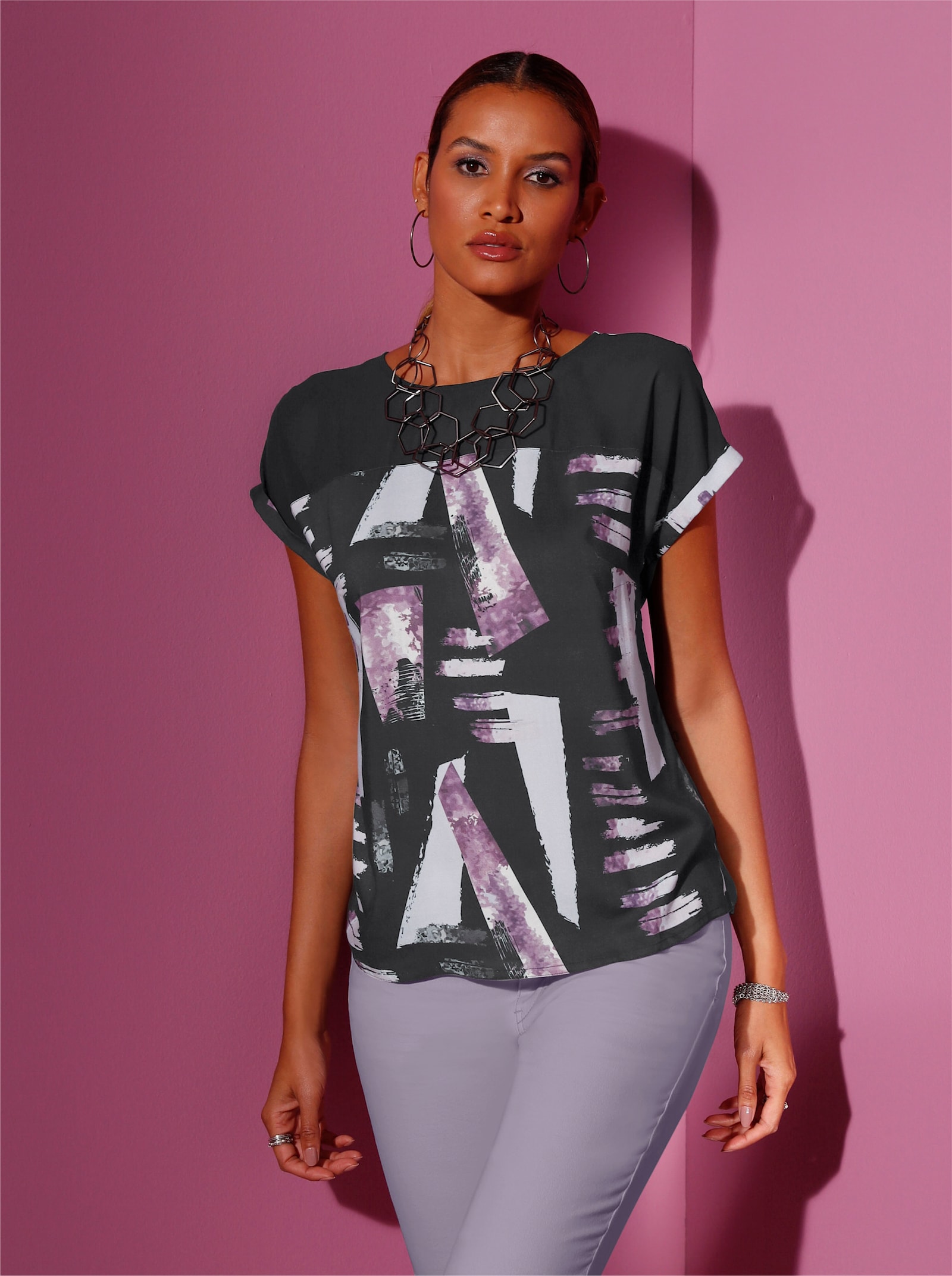 Shirt met lange mouw en transparante inzetten - zwart/lila bedrukt