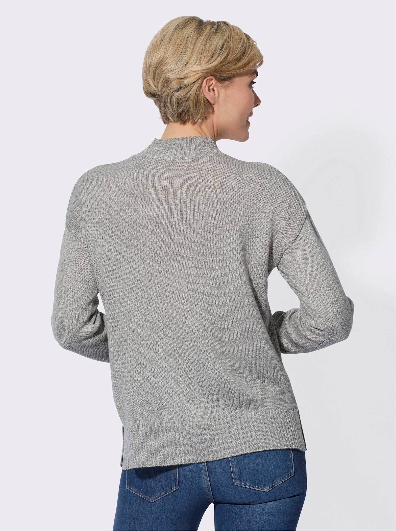 Stehkragenpullover mit Ziernaht, mittig - steingrau-meliert