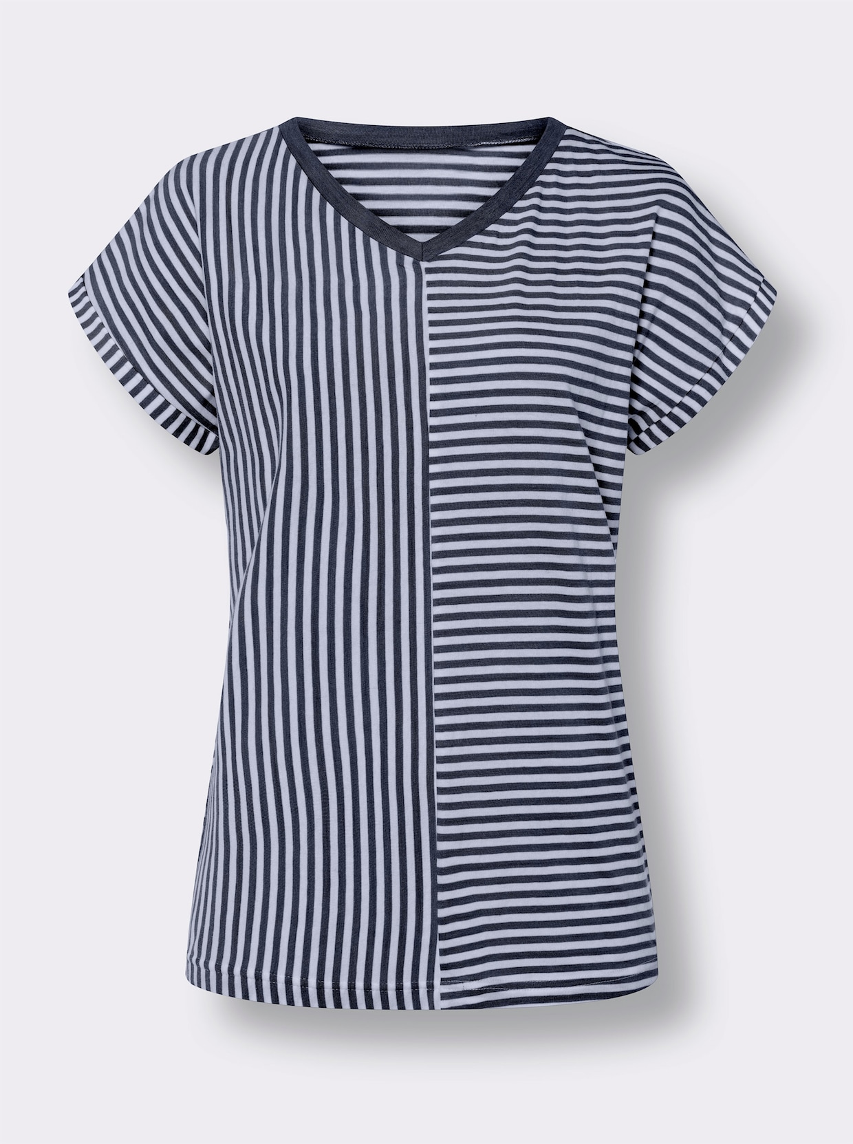 Shirt met V-hals - marine/ecru gestreept