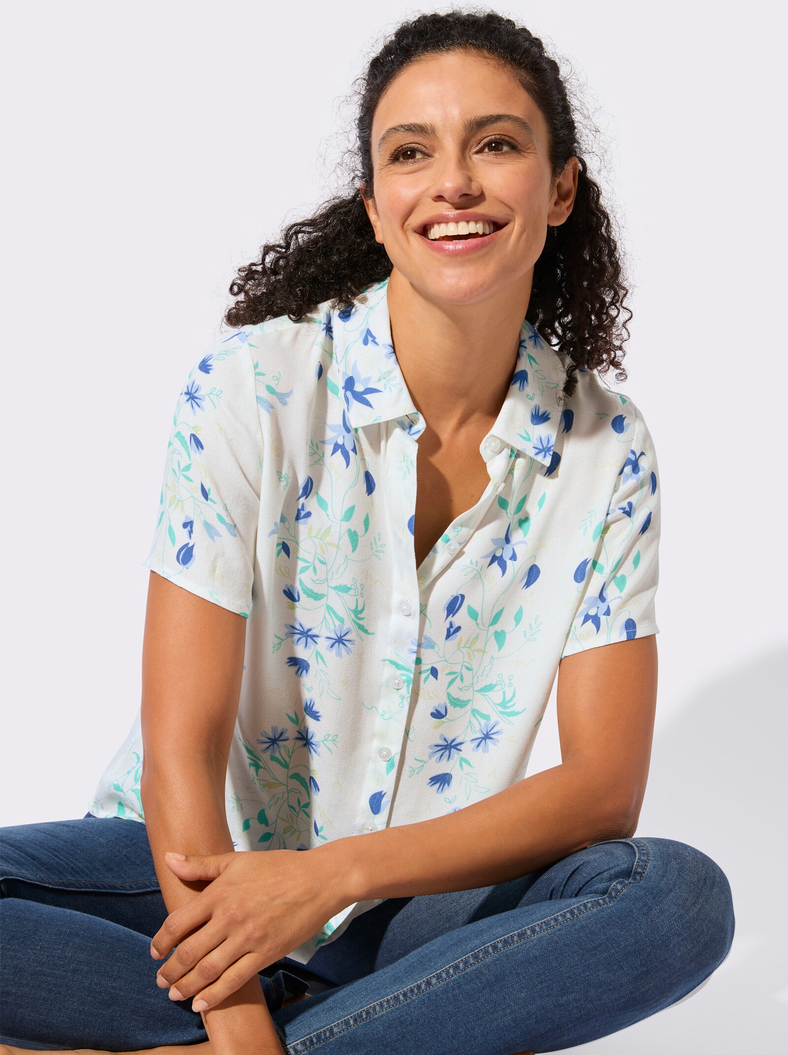 Hemdbluse aus reiner Viskose - ecru-blaugrün-bedruckt