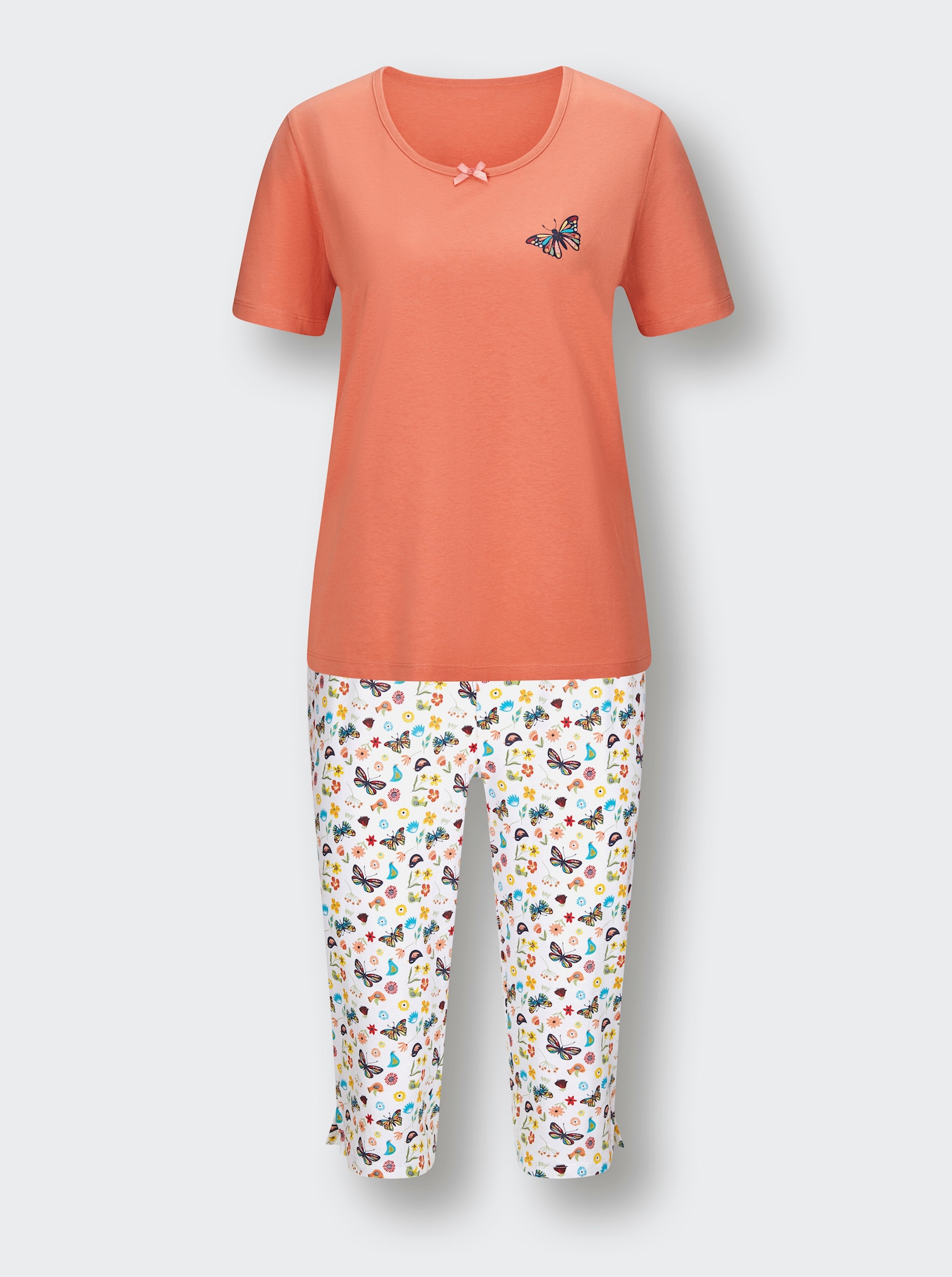 wäschepur Capri-Schlafanzüge mit Satinschleife - weiß-bedruckt + papaya