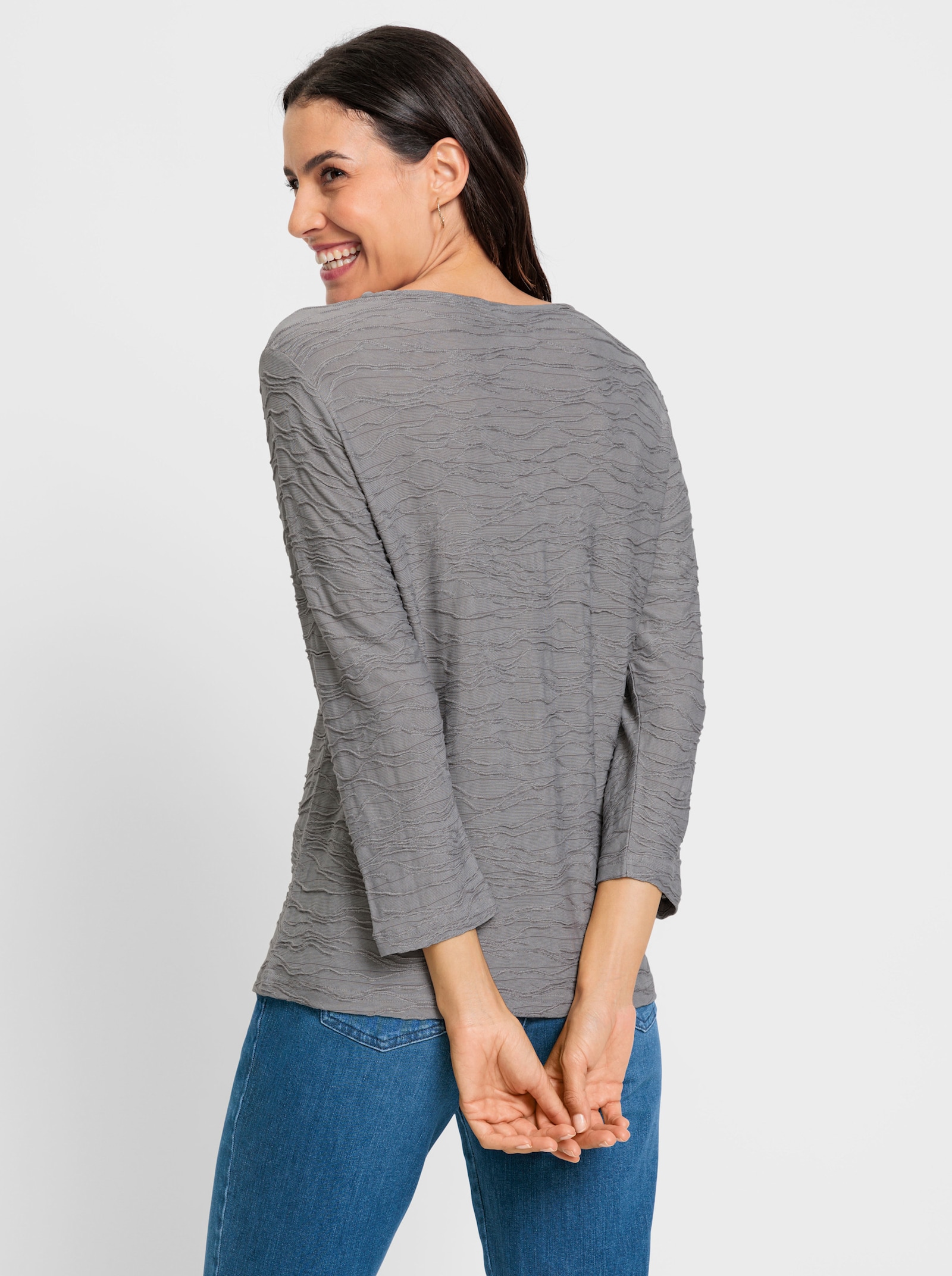 Shirt met 3/4-mouwen in golfdessin - grijs gemêleerd