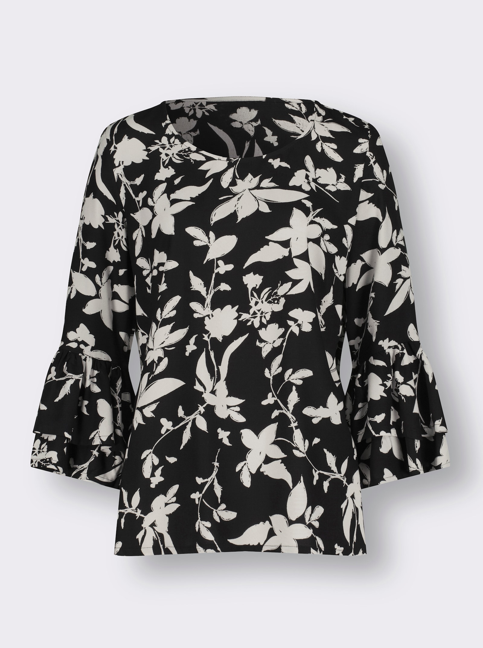 Schlupfbluse mit Volant am Ärmel - schwarz-weiss-bedruckt