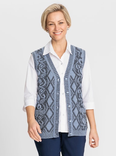 Strickweste mit Schmuckknöpfen - eisblau-schwarz-gemustert