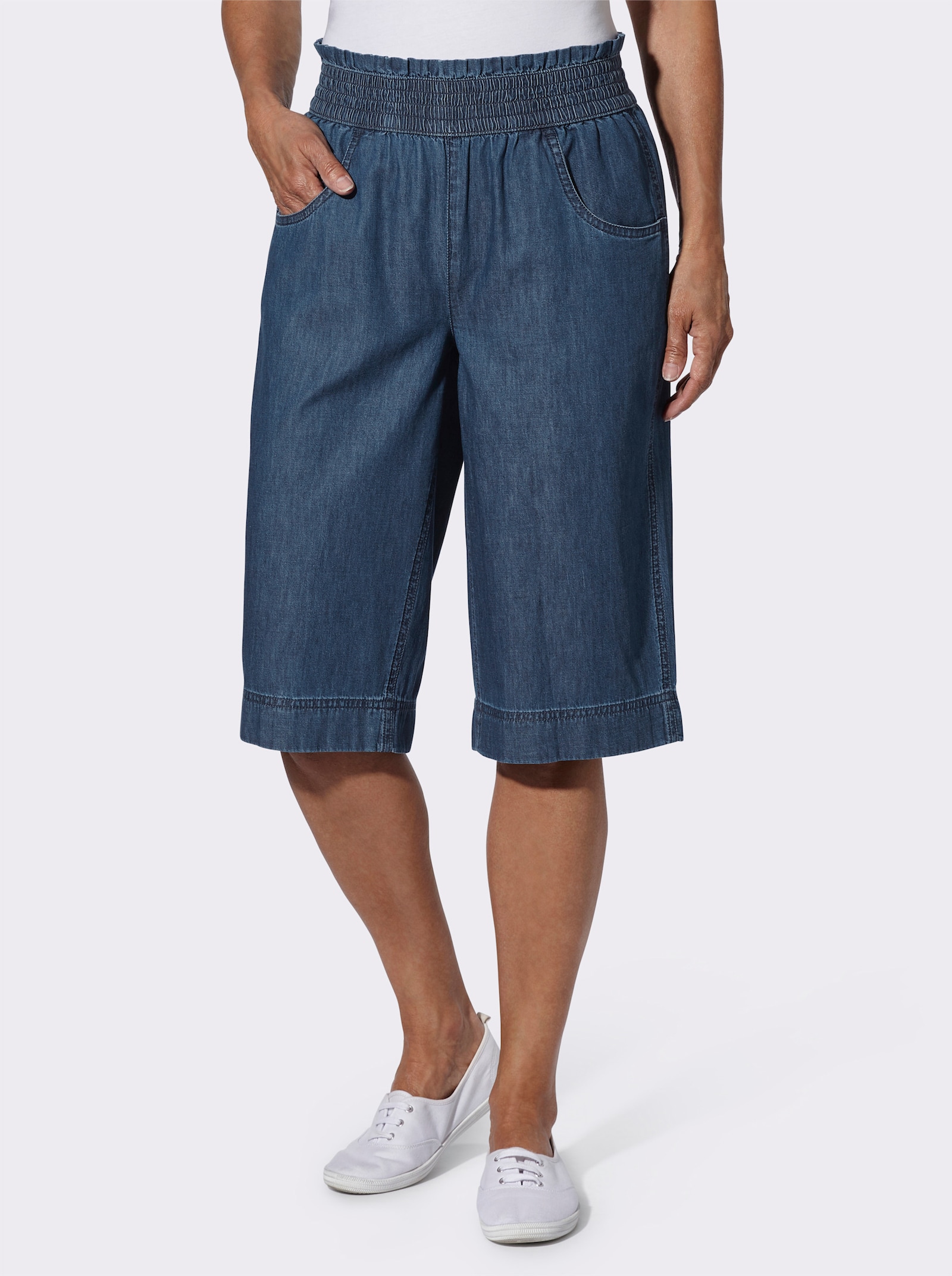 Jeansbermudas mit gesmoktem Dehnbund - blue-stone-washed