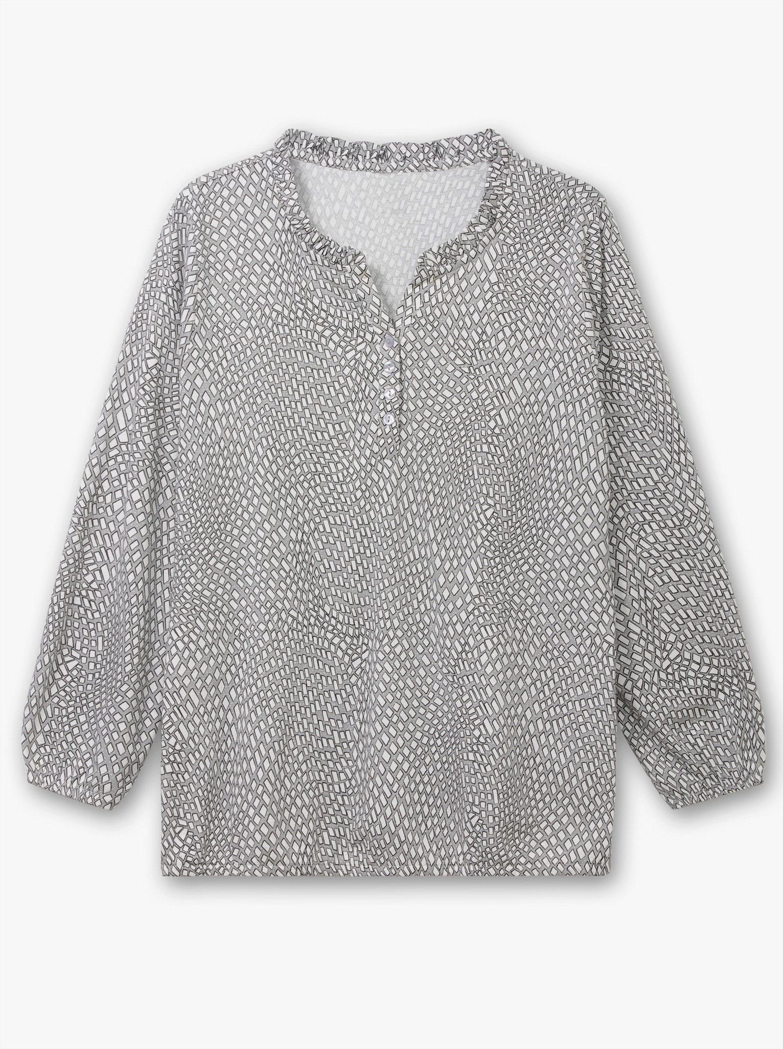 Langarmshirt im Material-Mix - steingrau-ecru-bedruckt