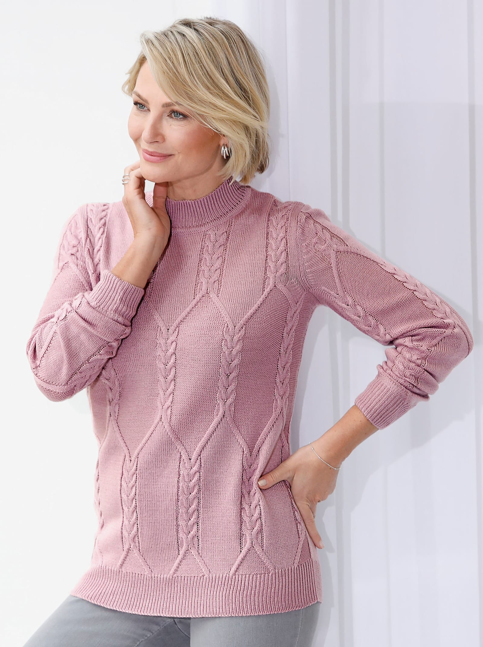 Langarm-Pullover mit Zopfmuster - mauve