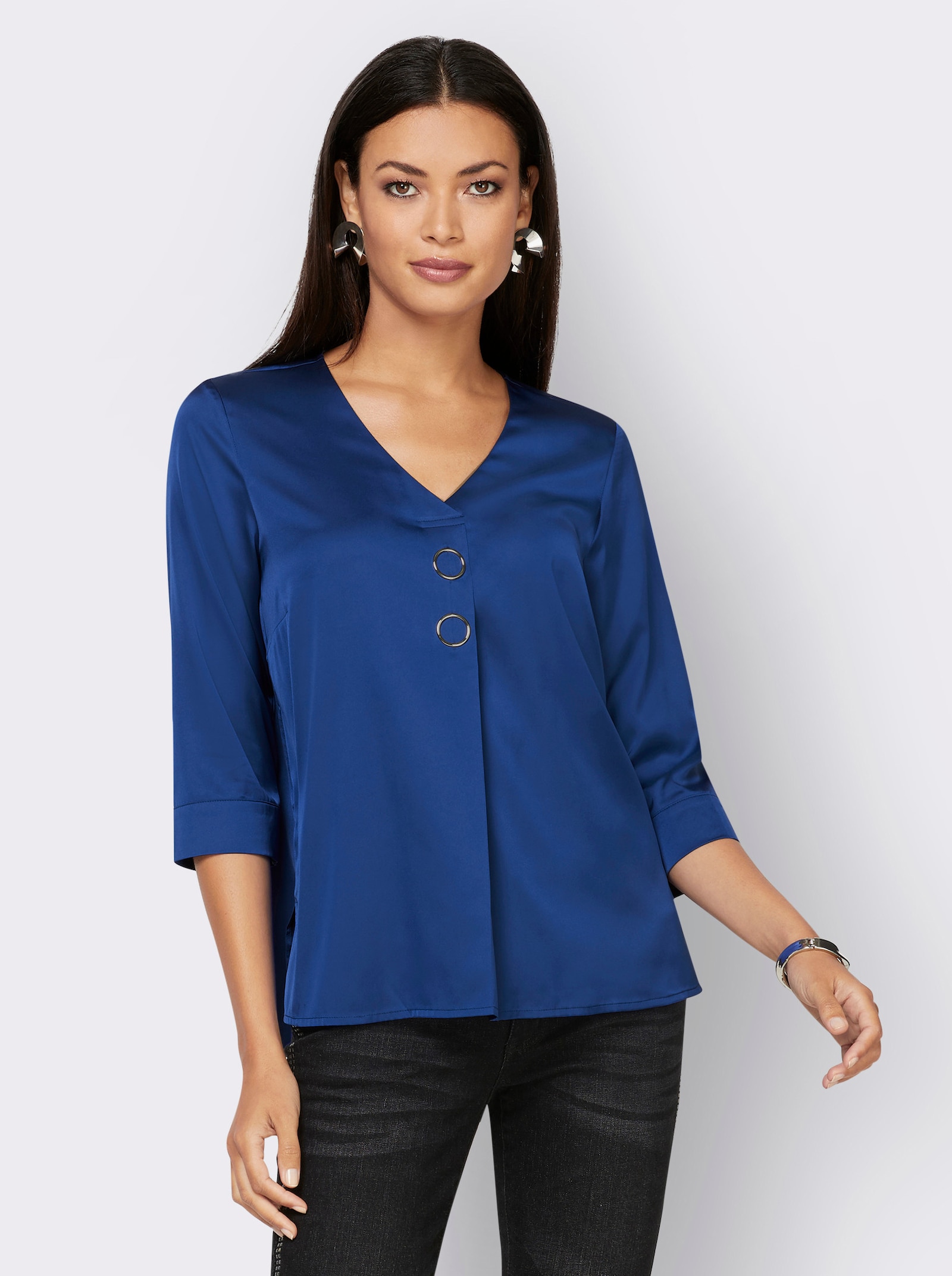 Satinbluse mit Schmuck-Element - royalblau