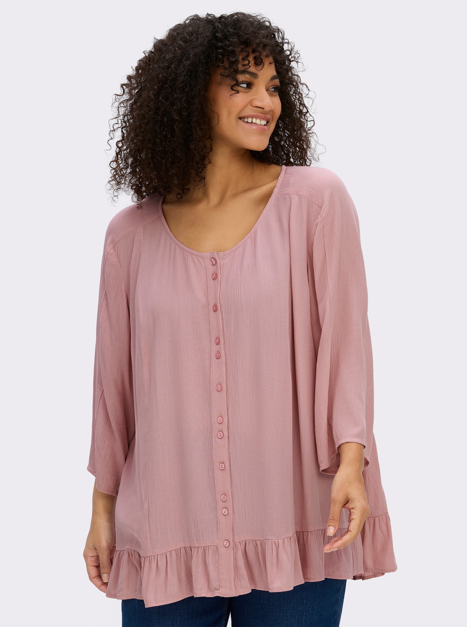 sheego Crinklebluse mit Volant am Saum - hortensie